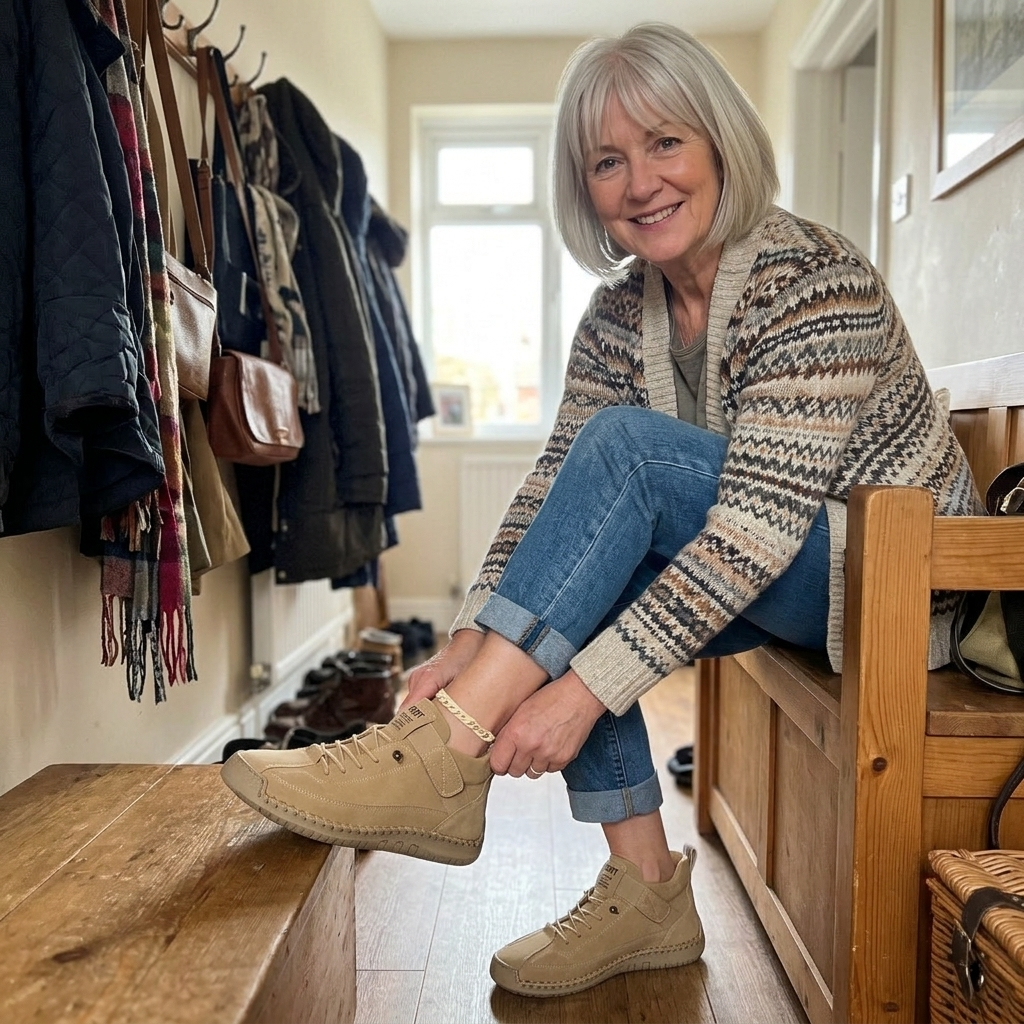 Customer wearing the Sutton Boots in a casual hallway