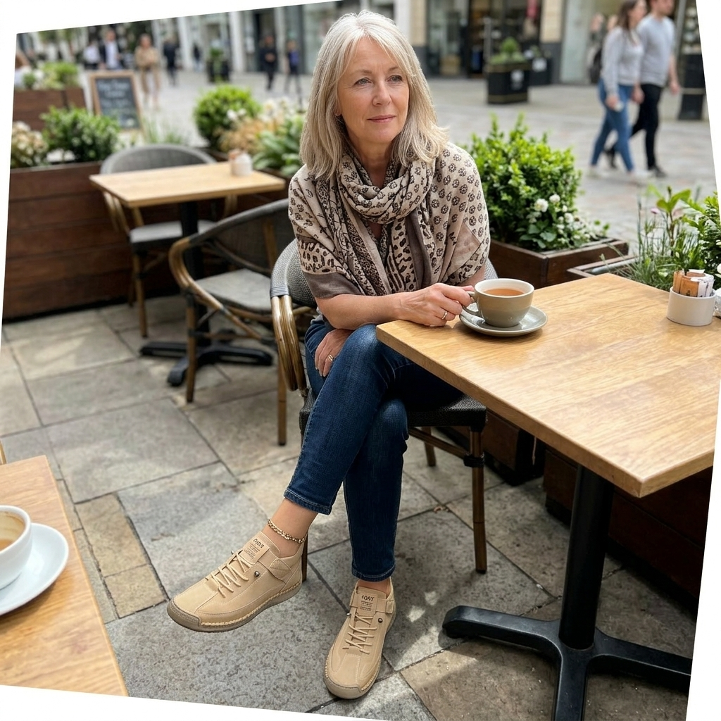 Customer wearing the Sutton Boots in a casual coffee shop