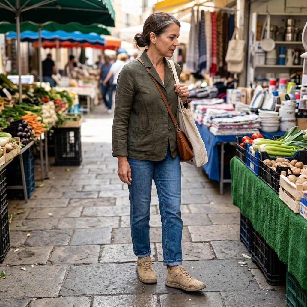 Customer wearing the Sutton Boots in a casual market street