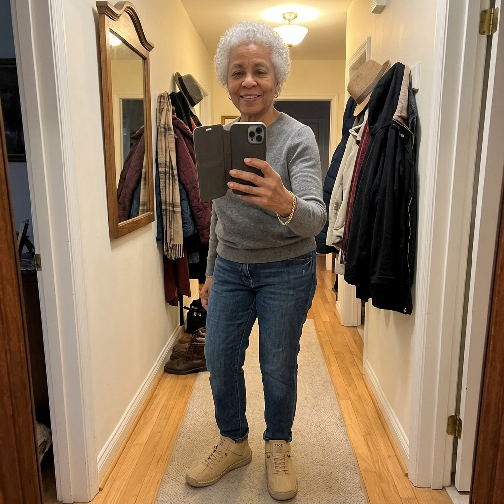 Customer wearing the Sutton Boots in a casual hallway