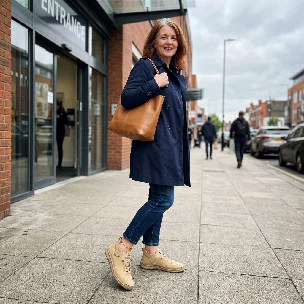 Customer wearing the Sutton Boots in a casual office entrance