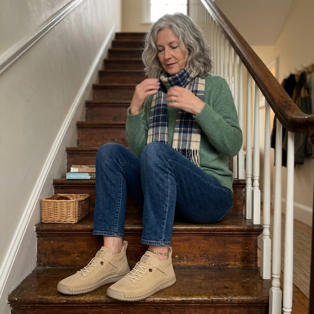 Customer wearing the Sutton Boots in a casual staircase at home