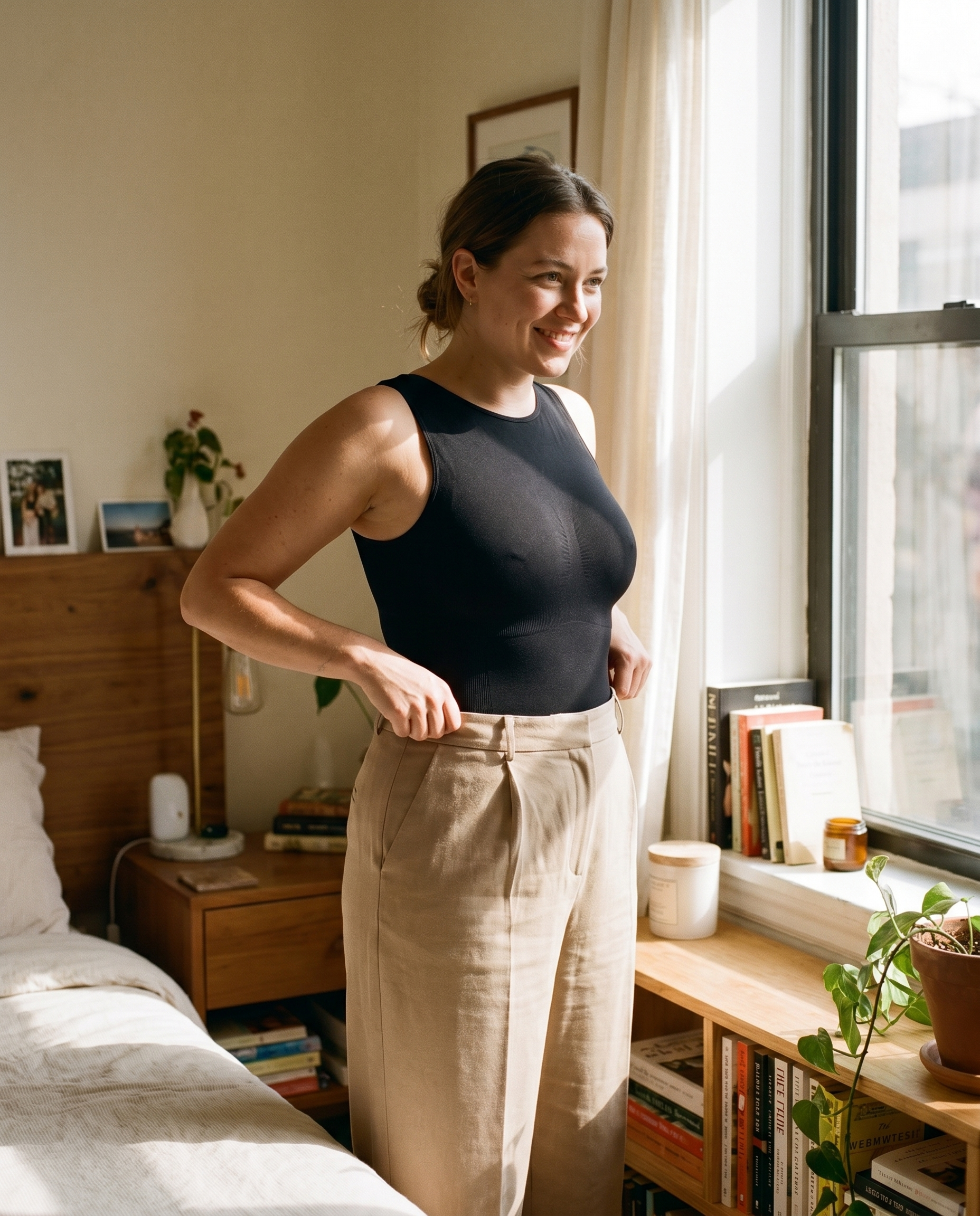 Woman wearing The Luksav High-Neck Bodysuit tucked into trousers