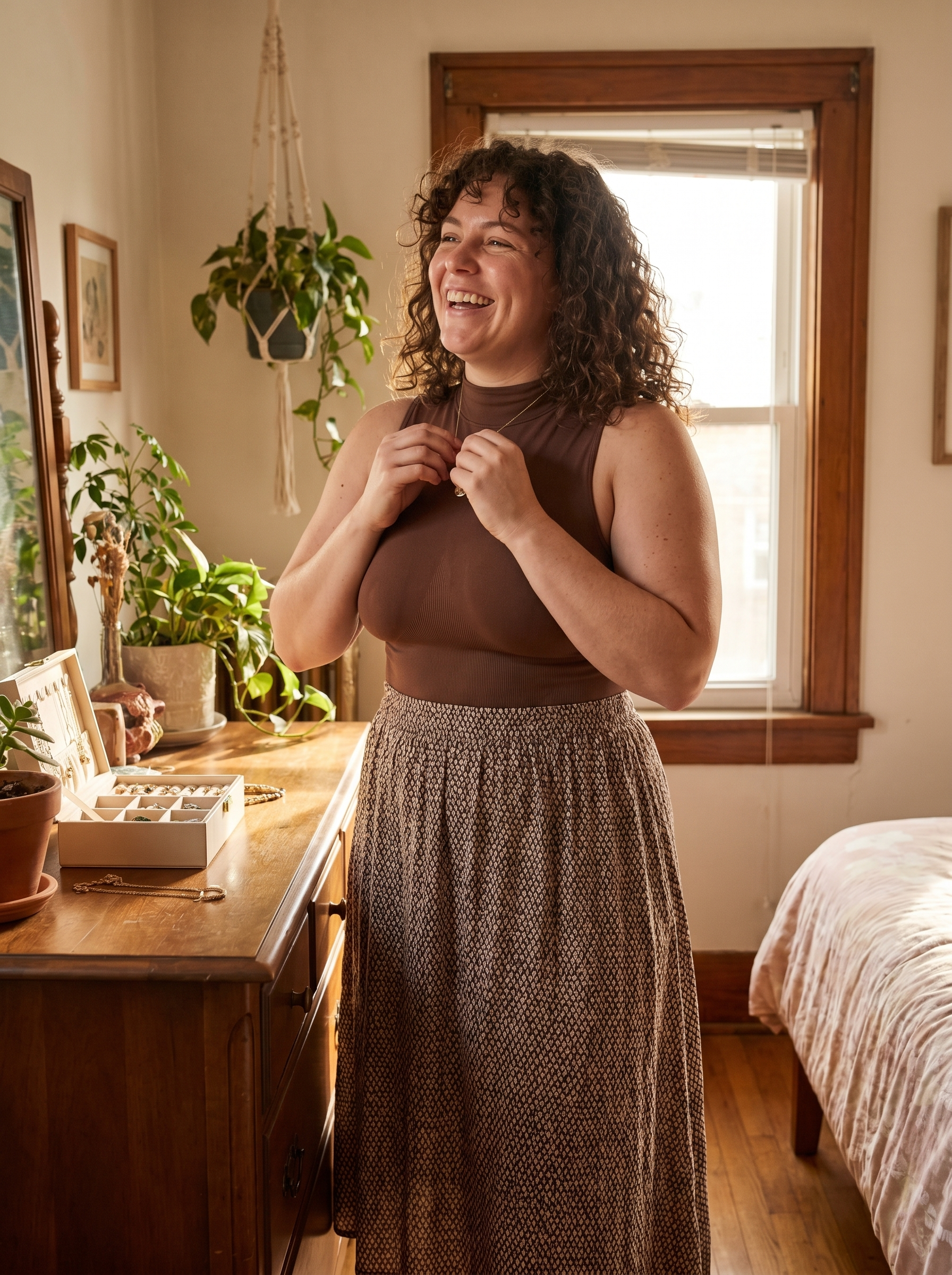 The Luksav High-Neck Bodysuit worn as a top with a skirt