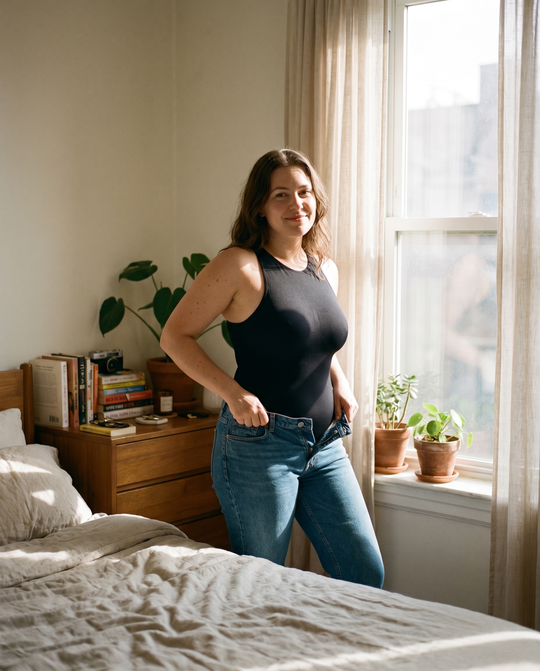 Woman wearing The Everyday Shaper getting dressed in the morning