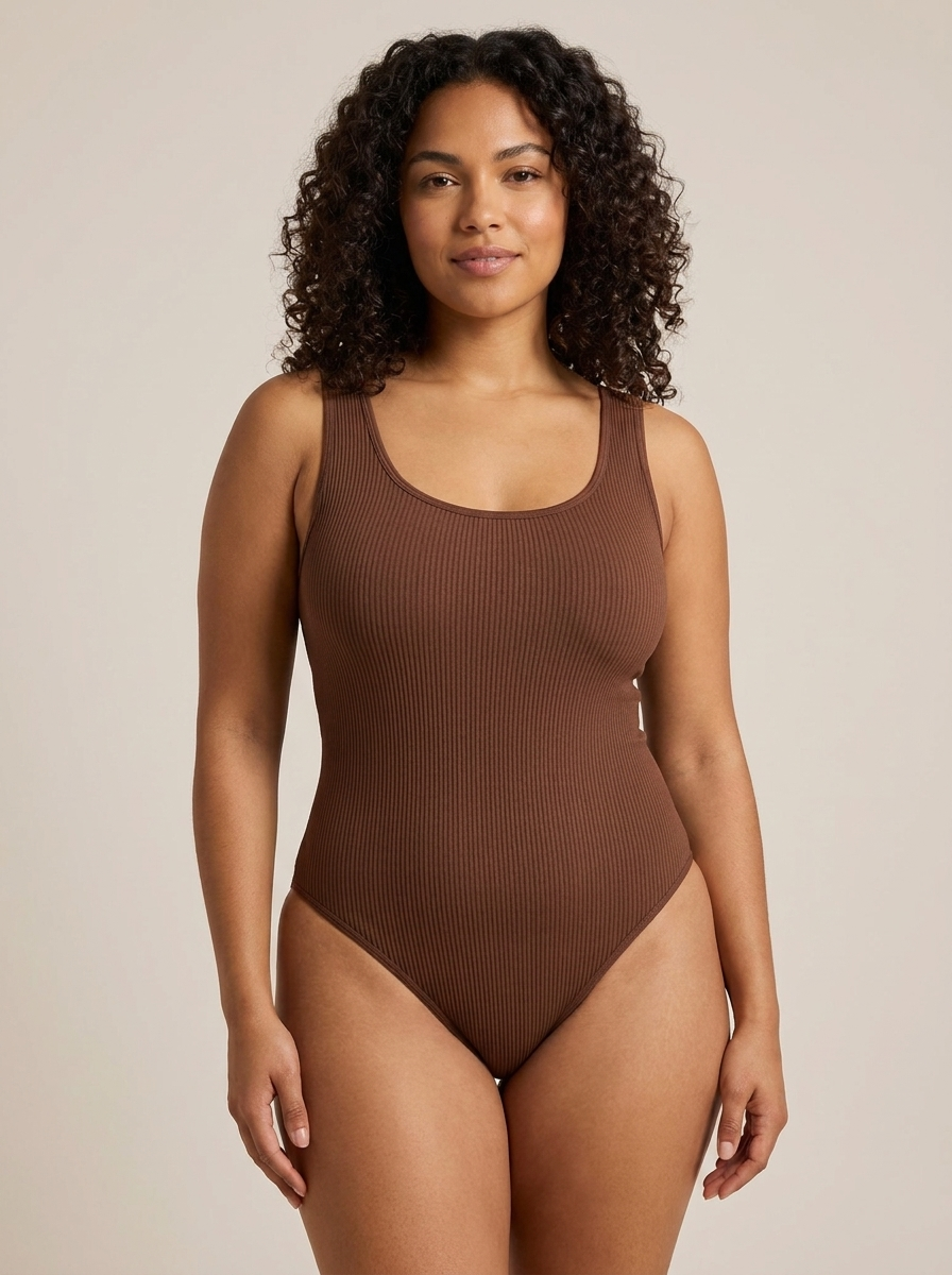 The Sculpt Ribbed Bodysuit on a petite curvy body