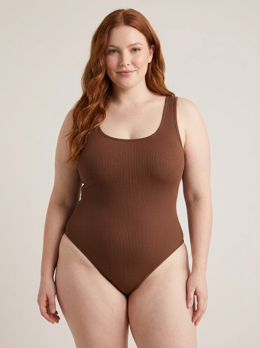 The Sculpt Ribbed Bodysuit on a curvier body