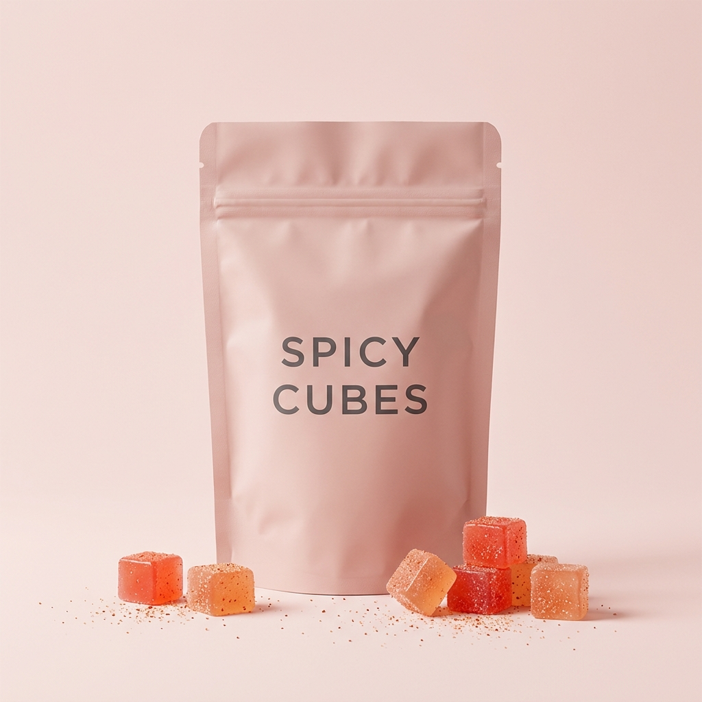 Spicy Cubes pouch with coral gummy cubes