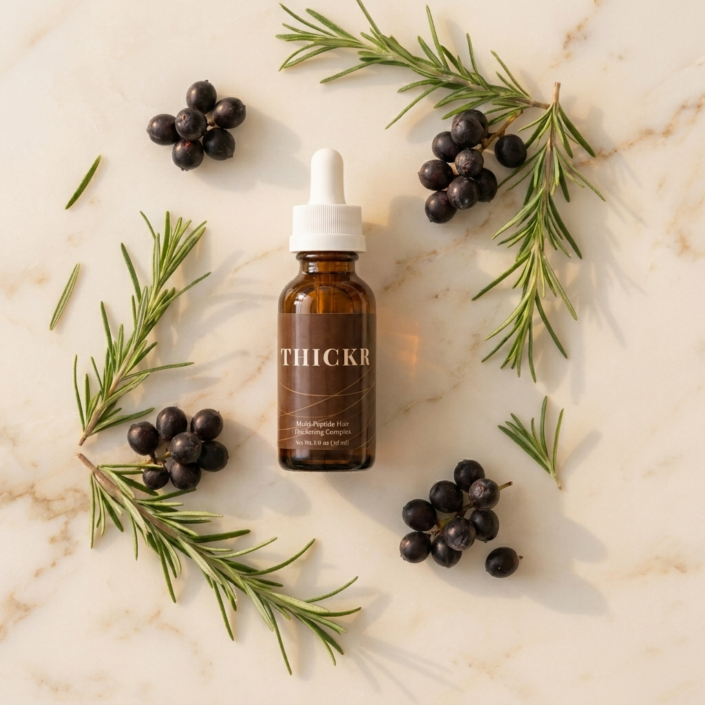 Thickr serum with rosemary and saw palmetto botanicals on marble