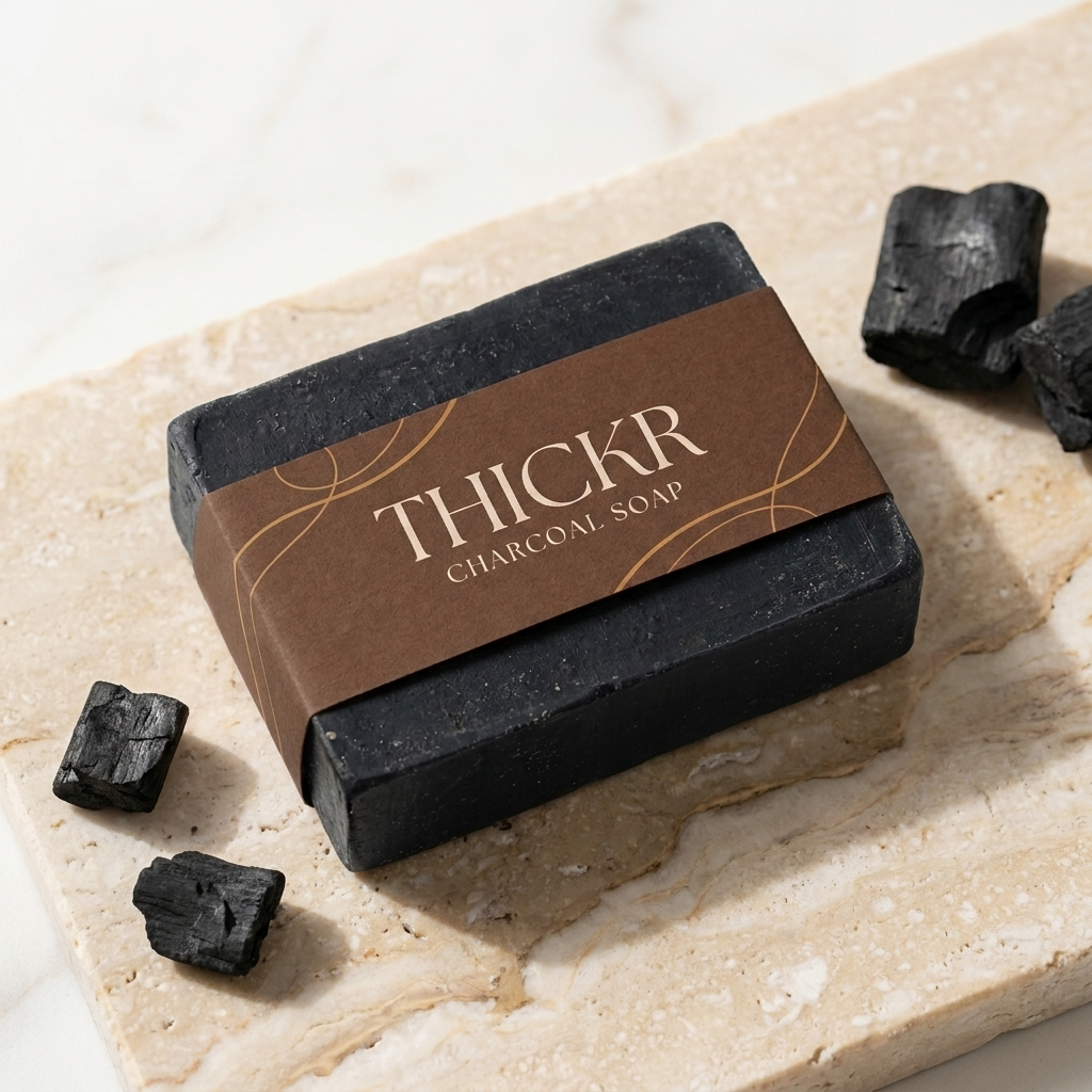THICKR Charcoal Soap on travertine