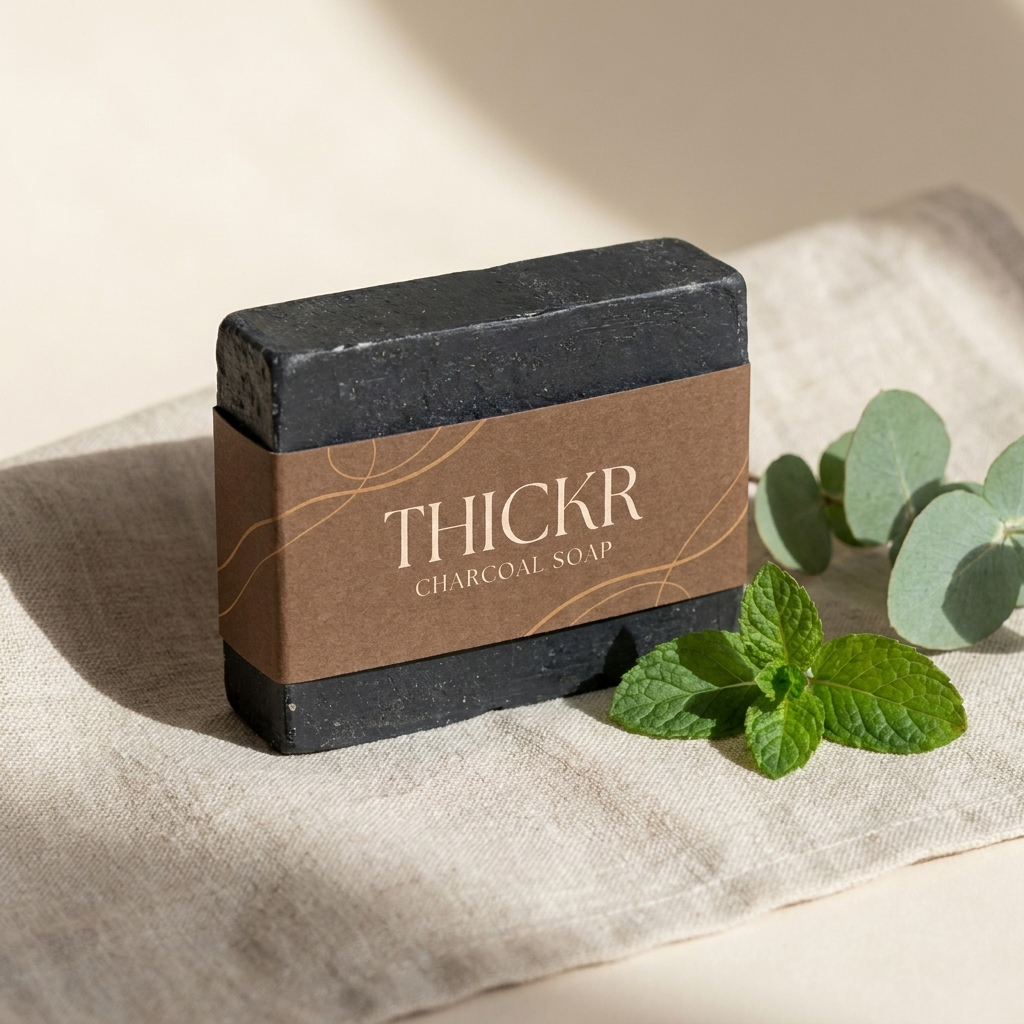 Charcoal soap standing upright on linen with mint and eucalyptus