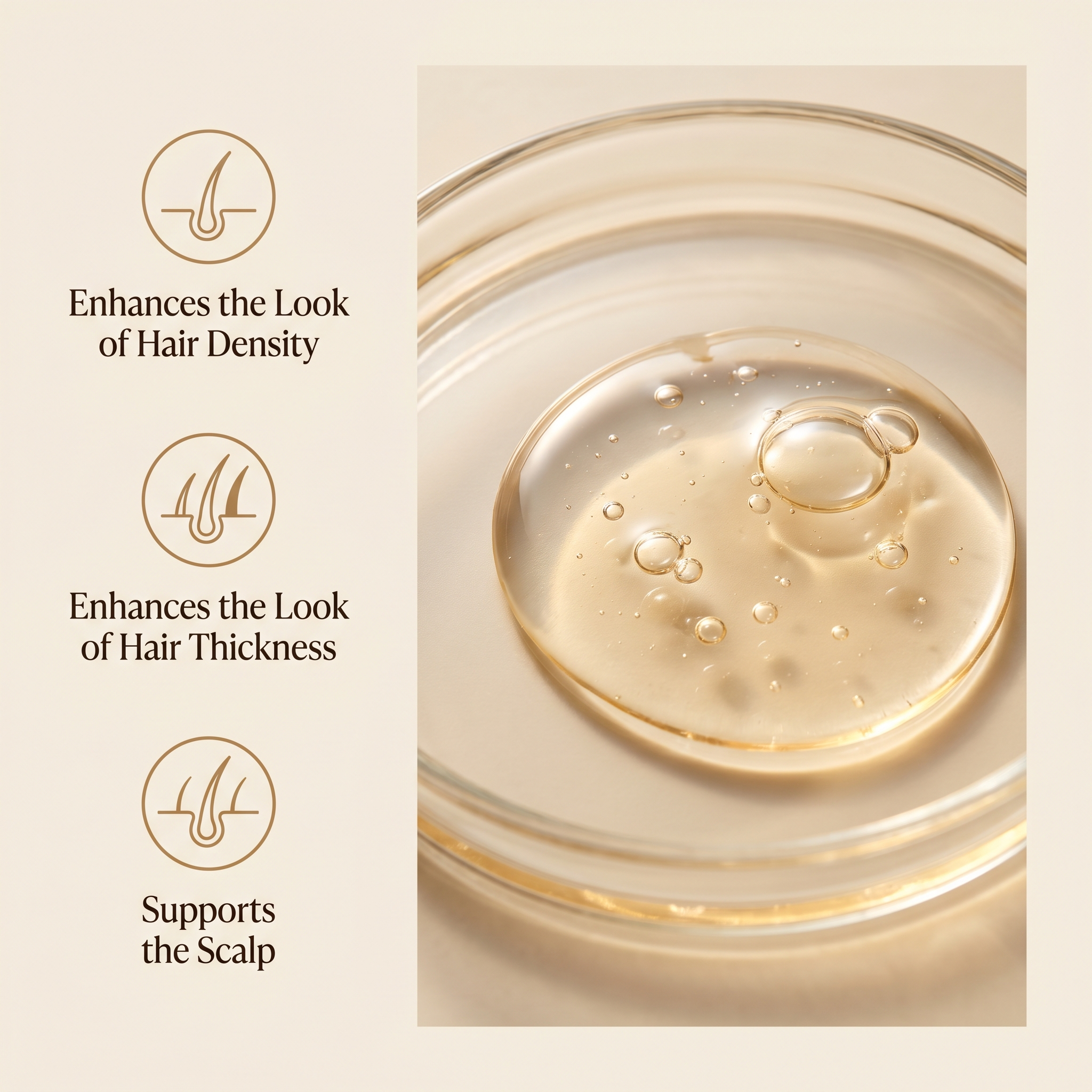 Benefits: density, thickness, supports the scalp