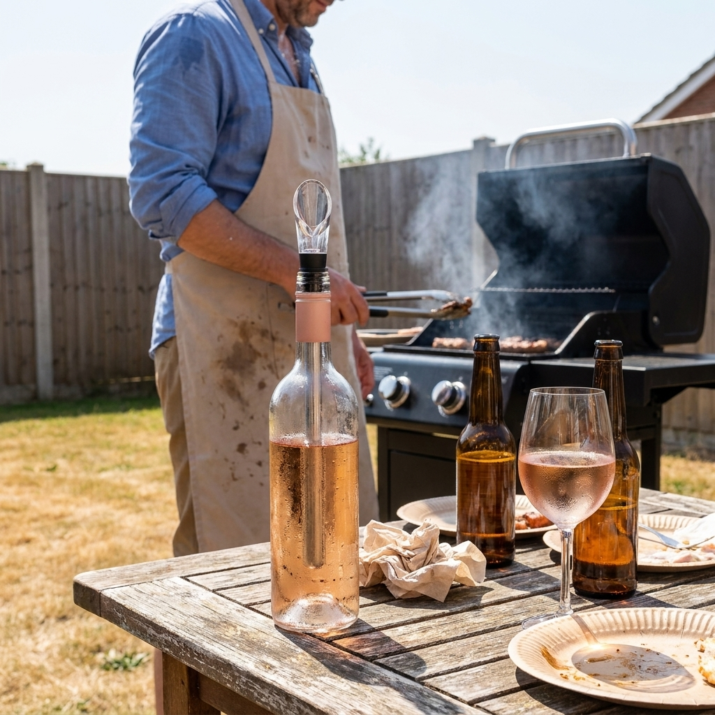A glass of wine going warm in the sun at a backyard barbecue