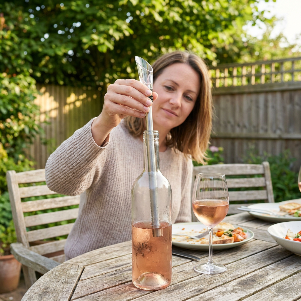 A bottle of rosé being put into the freezer before guests arrive