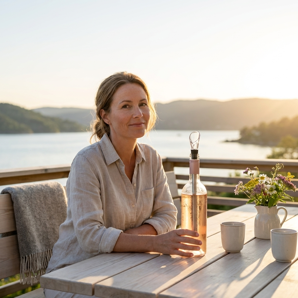 Iskald hvitvin helles i et glass på en terrasse i sommersol