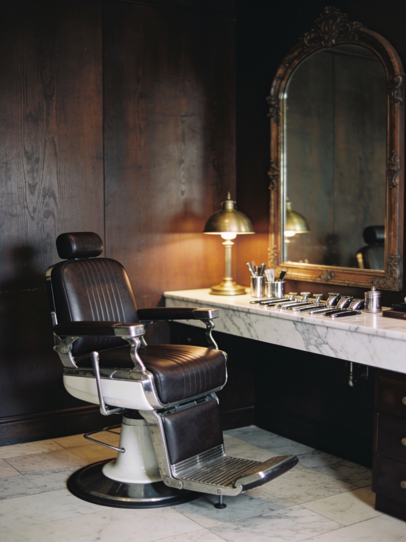 Barber-Stuhl und Spiegel im Detail