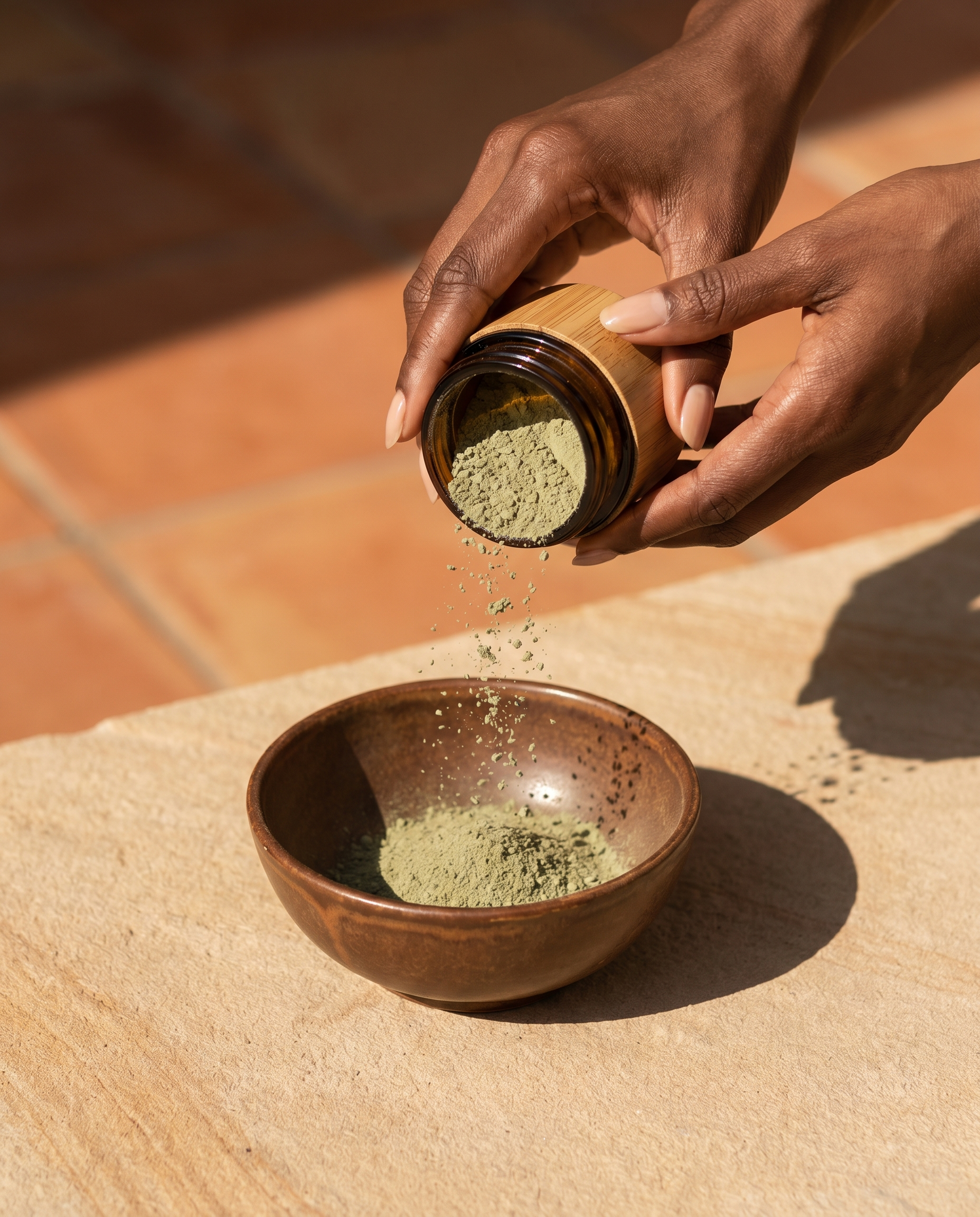 Hands pouring sage-green YARA powder into a ceramic bowl