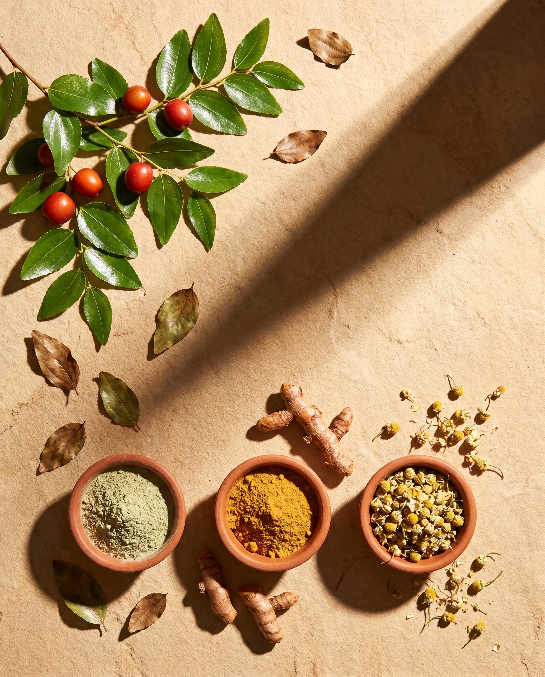 YARA ingredient flat-lay - jujube, turmeric, chamomile