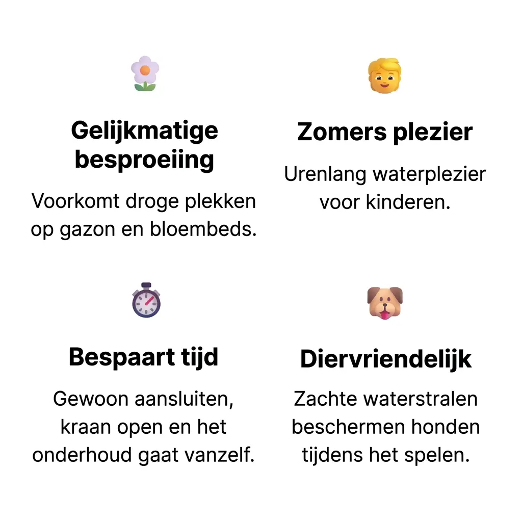 Voordelen van de BloomSprinkler: gelijkmatige besproeiing, zomers plezier, tijdbesparend en diervriendelijk