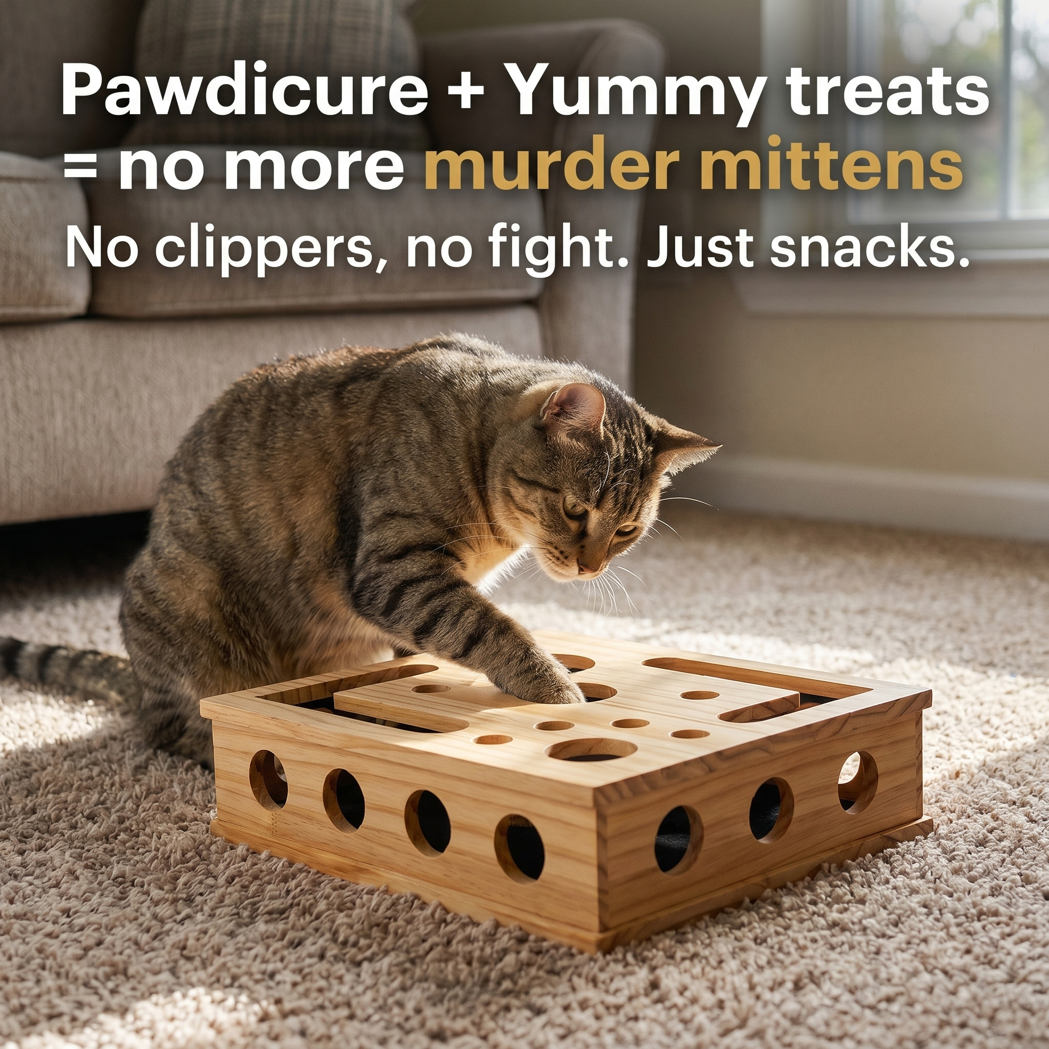 Pawdicure box on a living room carpet, cat pawing for a treat