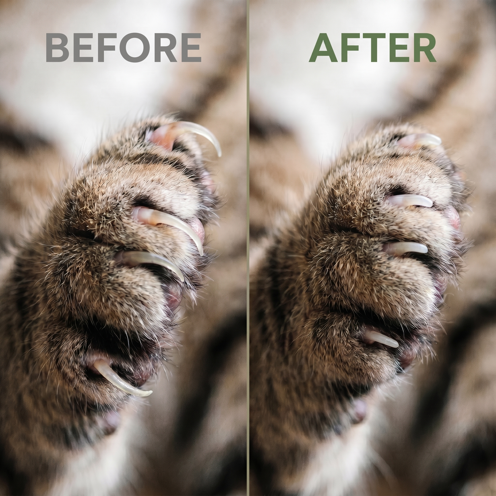 Before and after: a cat's overgrown claws versus neatly filed claws
