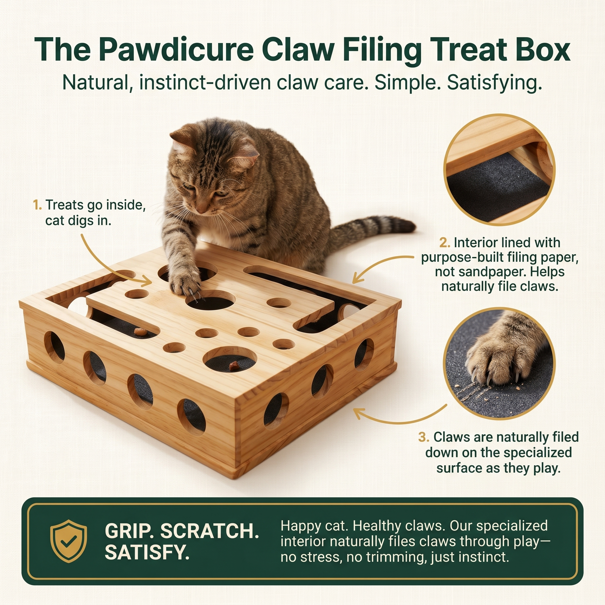 How Pawdicure works: treats go inside, the cat digs in, and claws file on the purpose-built filing paper