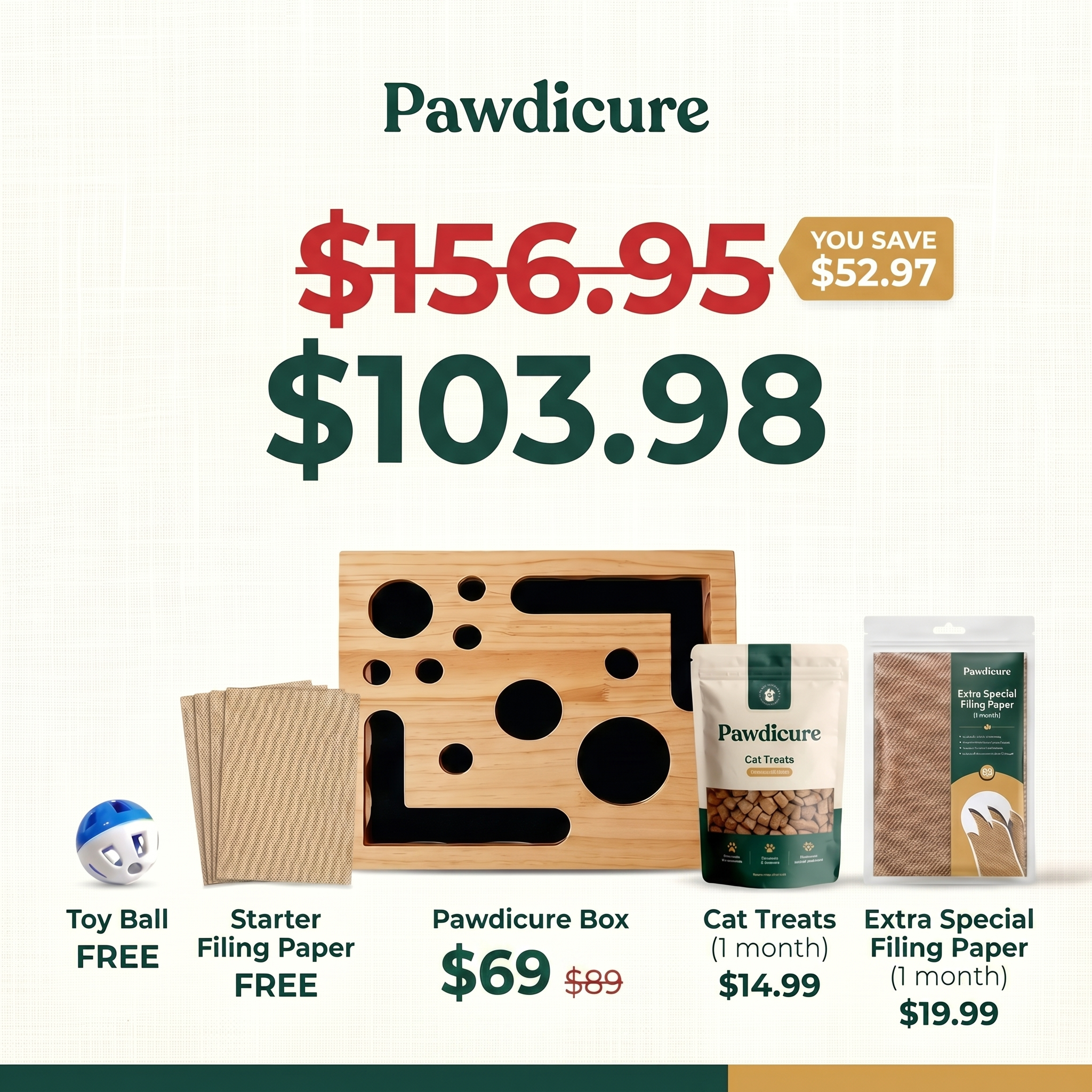 Pawdicure bundle offer: box, free ball, free starter filing paper, treats and extra filing paper