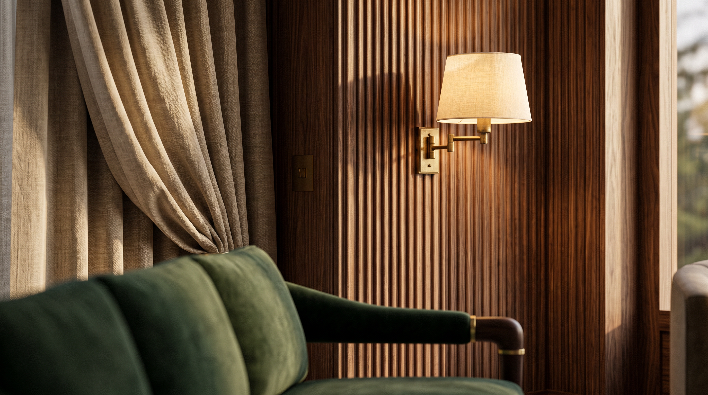 Warm light on walnut. Every room finished by hand.