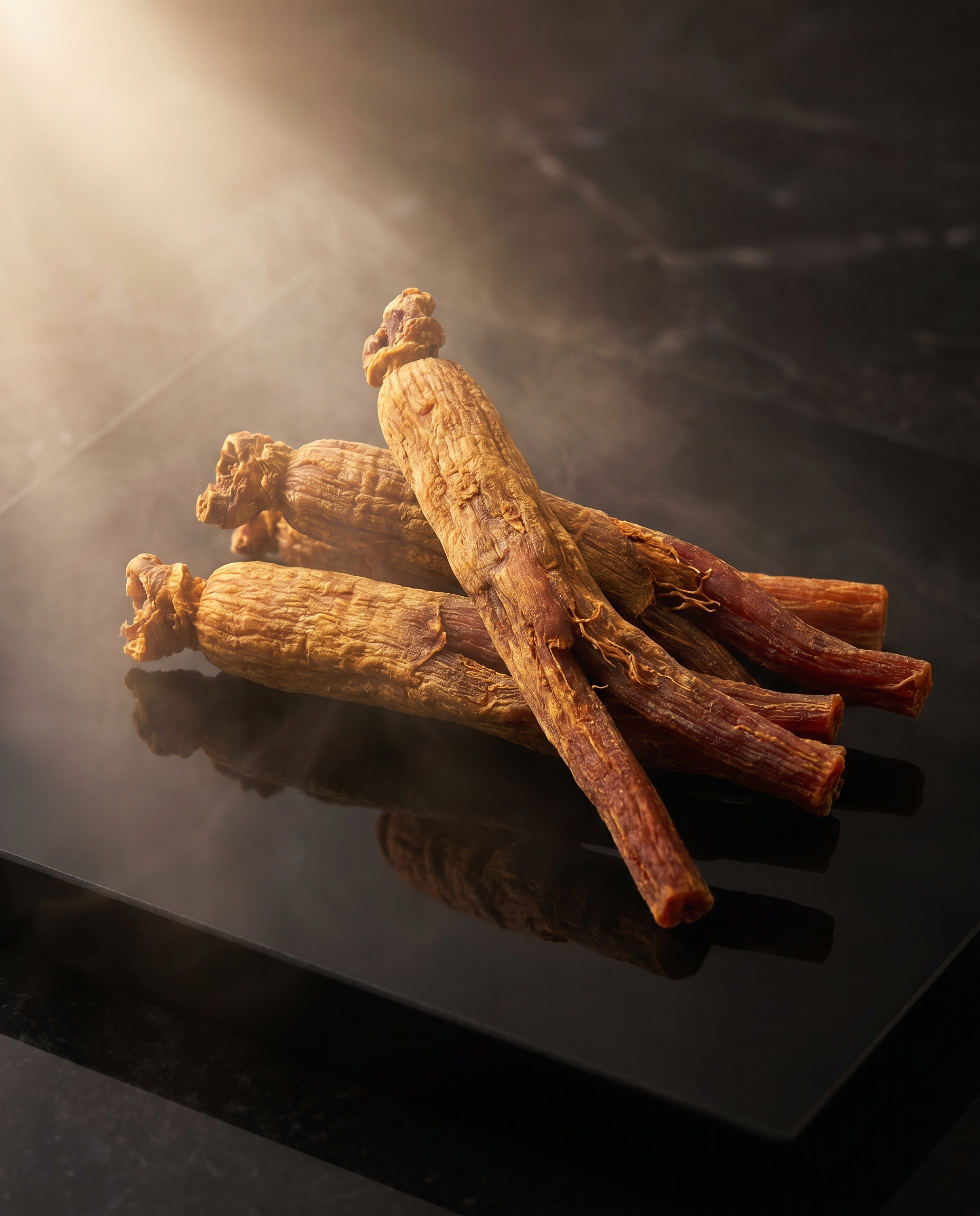 6-year-old Korean Red Ginseng roots on polished black stone