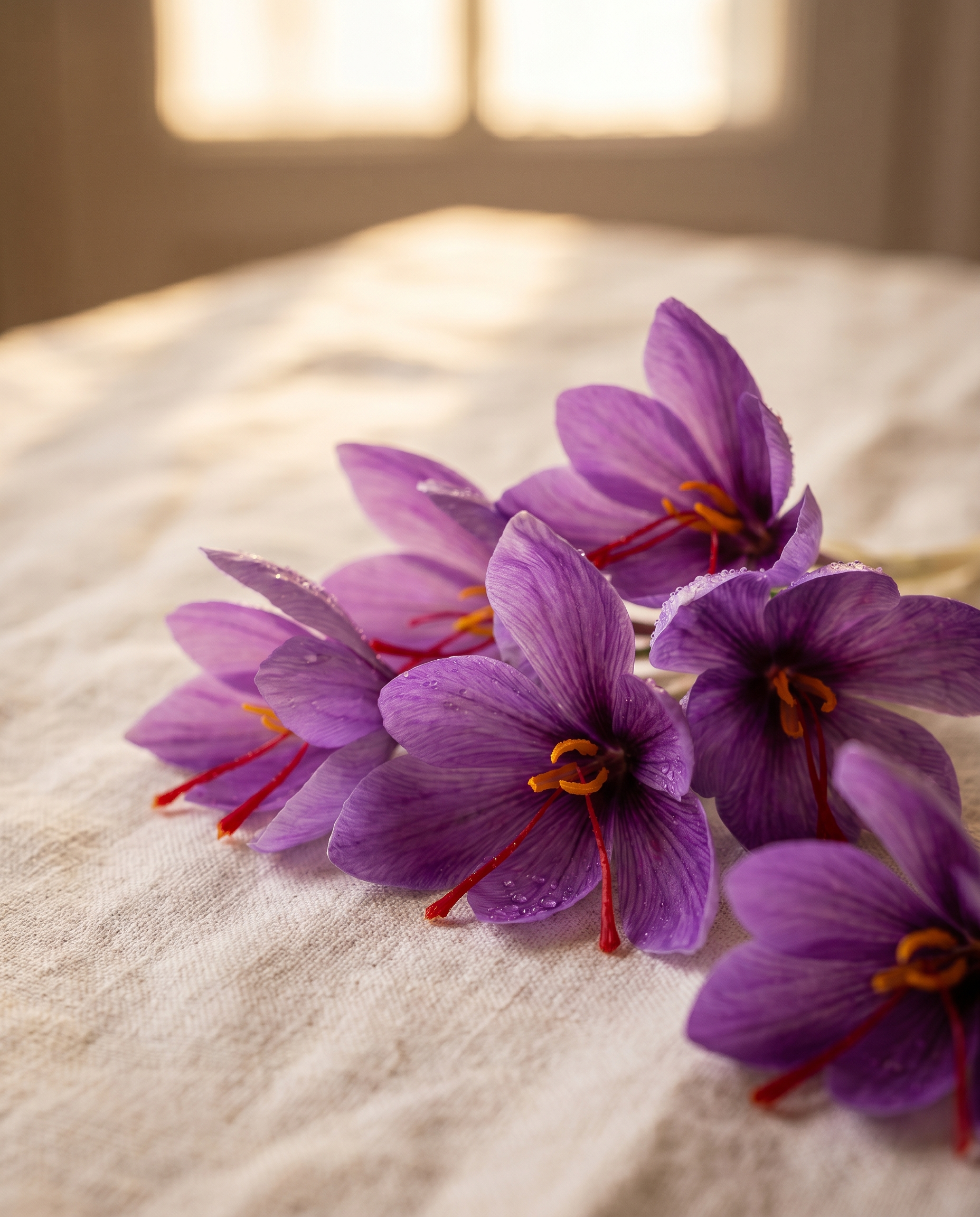 Persian Saffron crocus blooms with crimson threads on cream linen