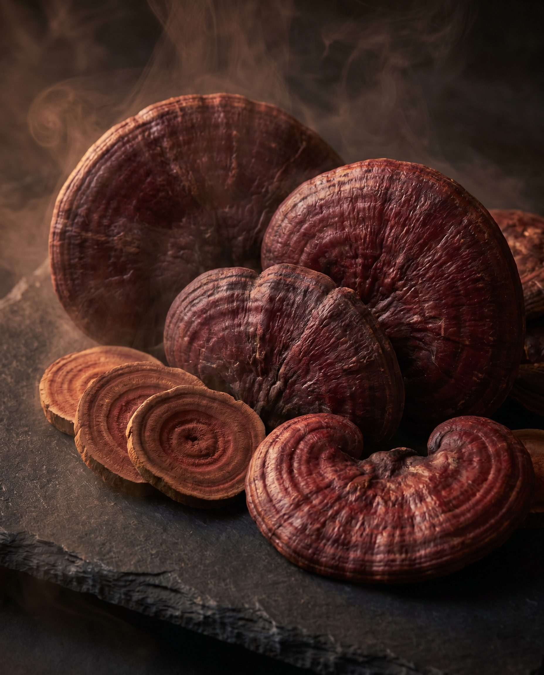 Japan Royal Reishi mushroom rings on dark slate