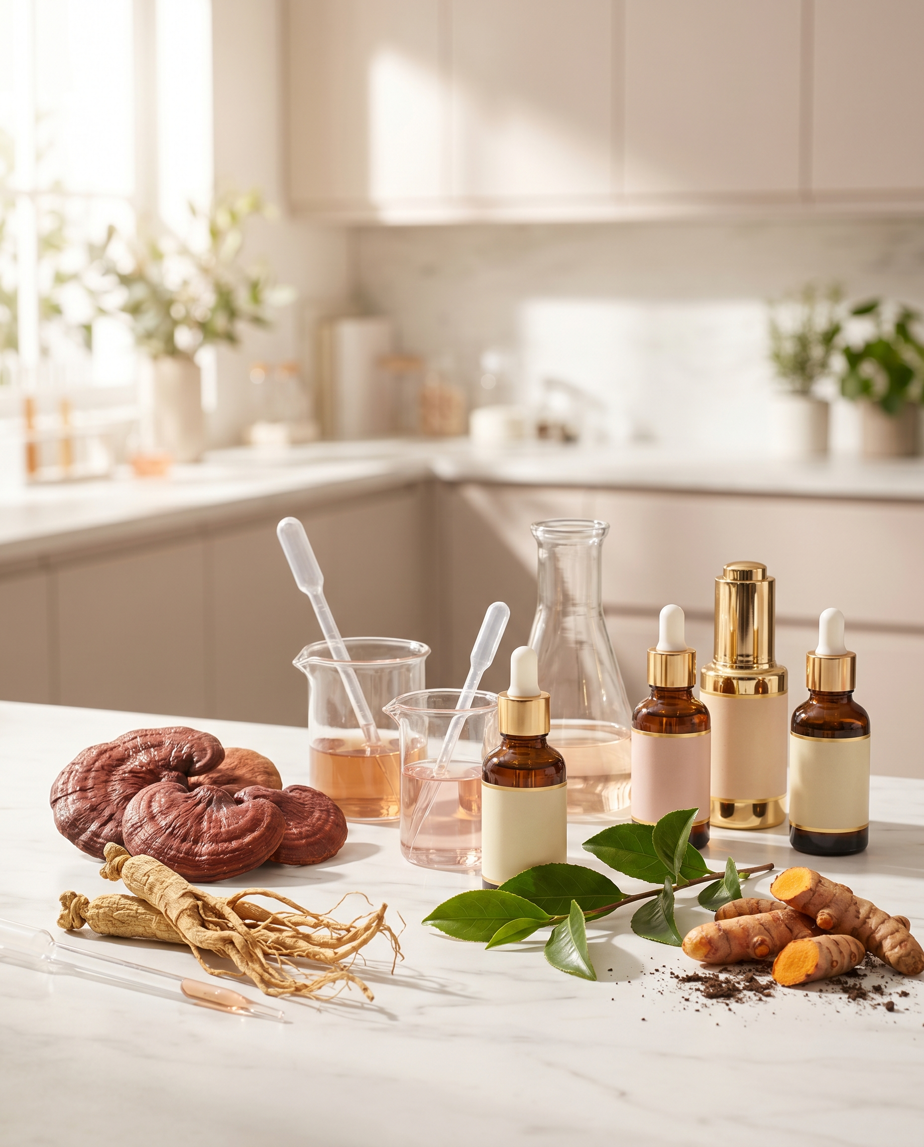 VNB brand story — heritage Asian botanicals with Korean lab beakers on marble