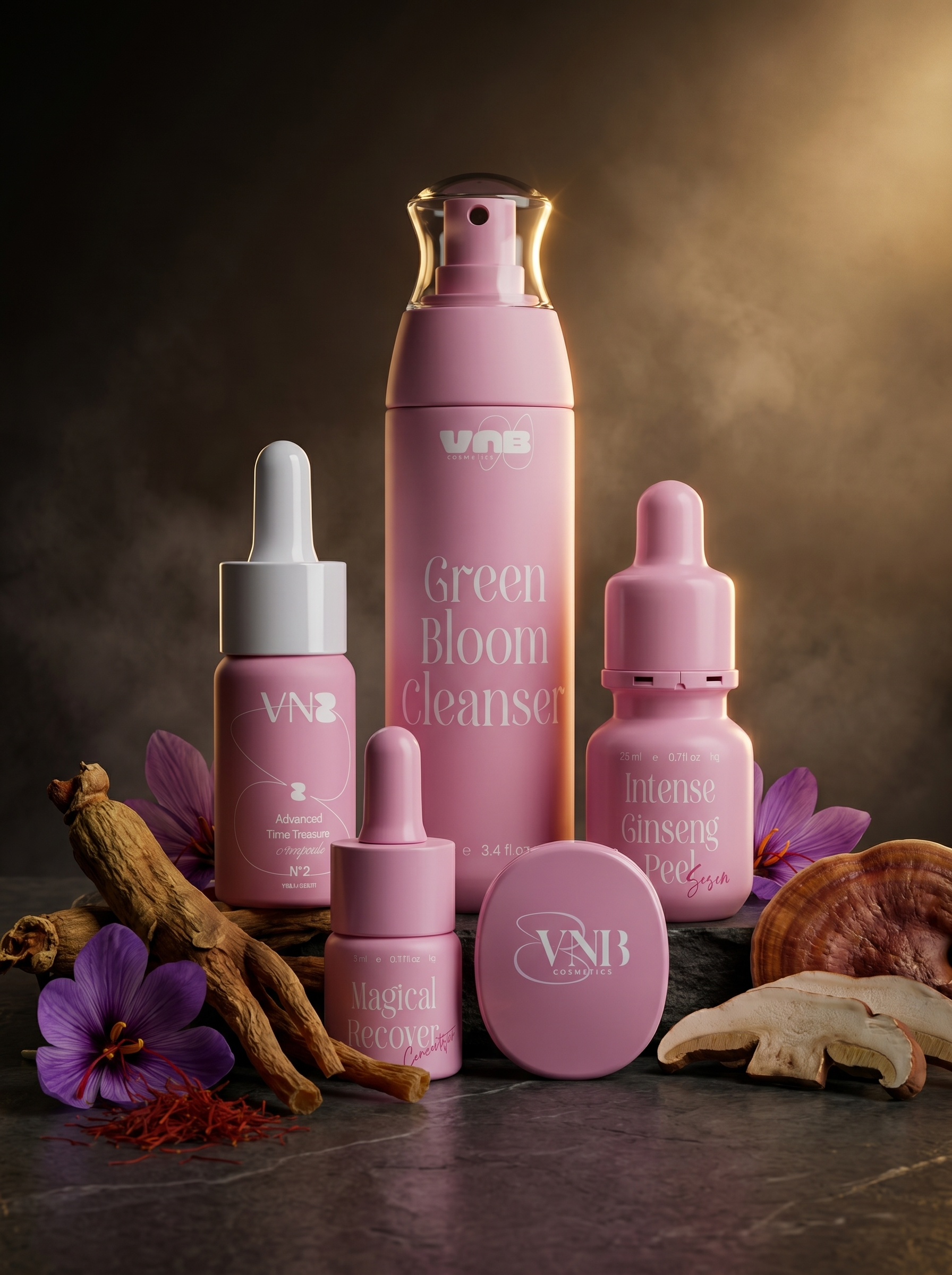 VNB Cosmetics complete ritual — 5 luxury pink products with Korean Red Ginseng, Persian Saffron, Japan Royal Reishi