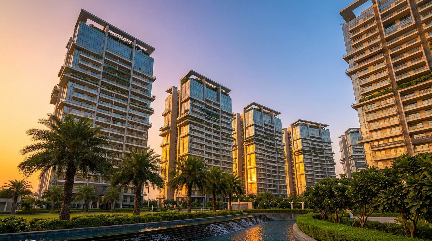 Modern residential towers in Noida at golden hour