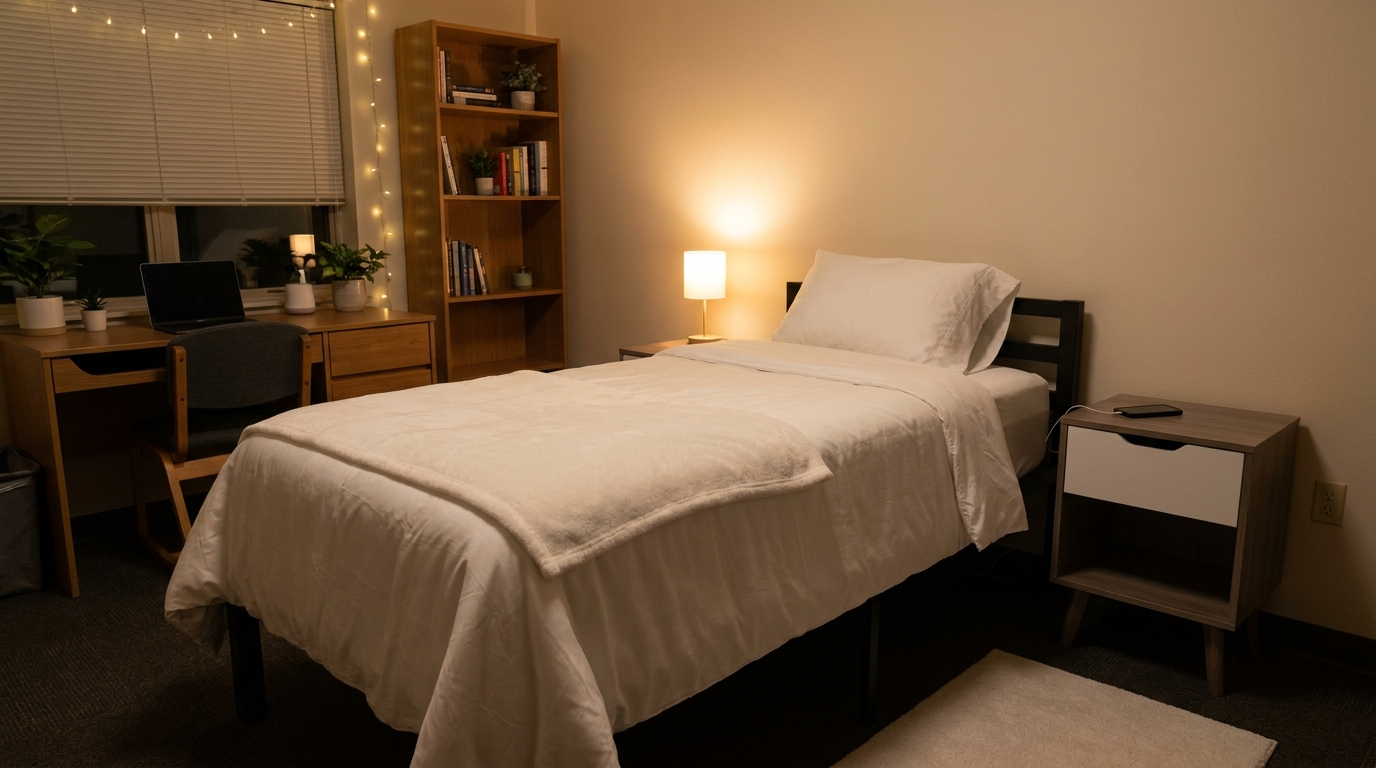 Cozy college dorm room at night with a neatly made Twin XL bed and soft bedside lamp lighting