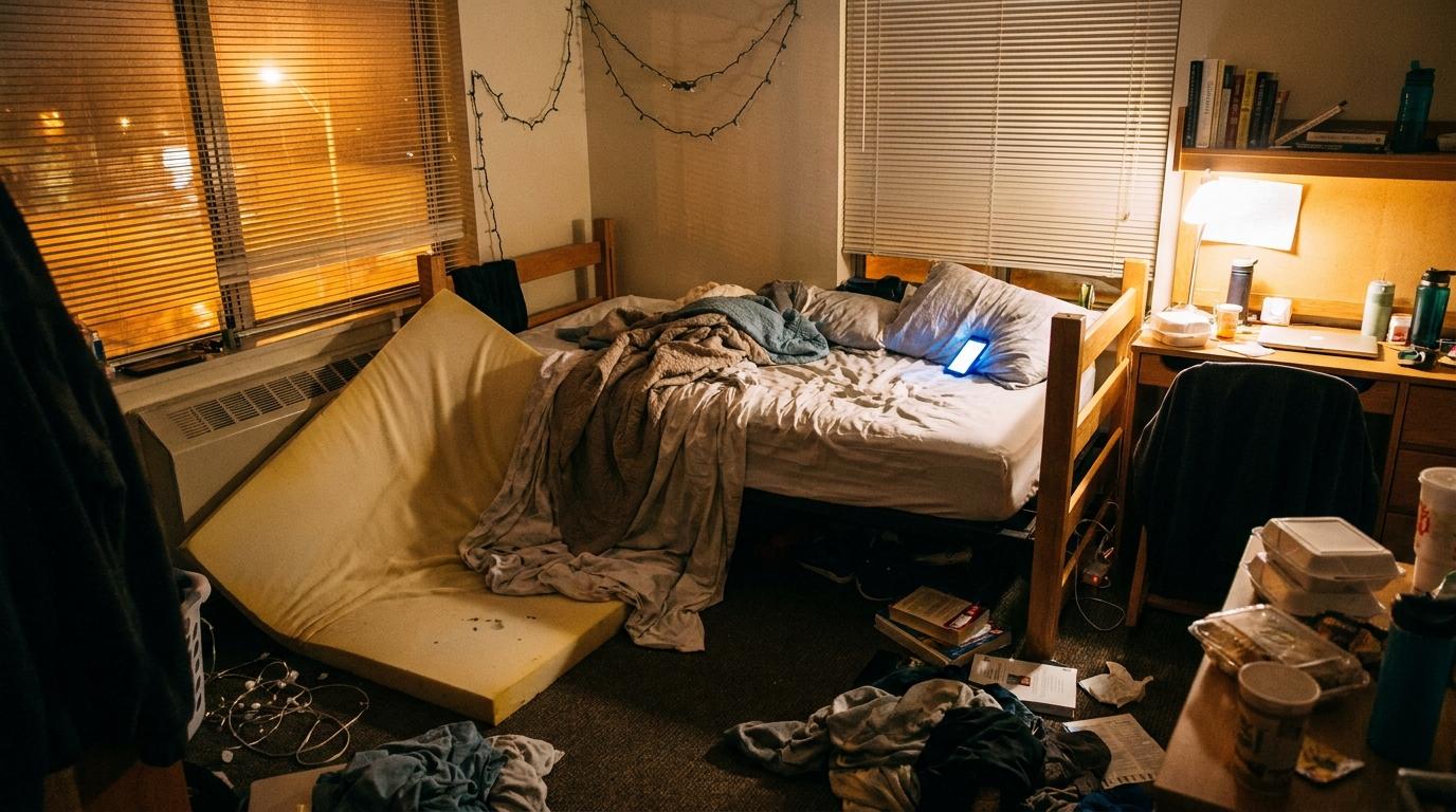 College dorm room with messy bed setup showing mattress topper sliding and bunched fitted sheets