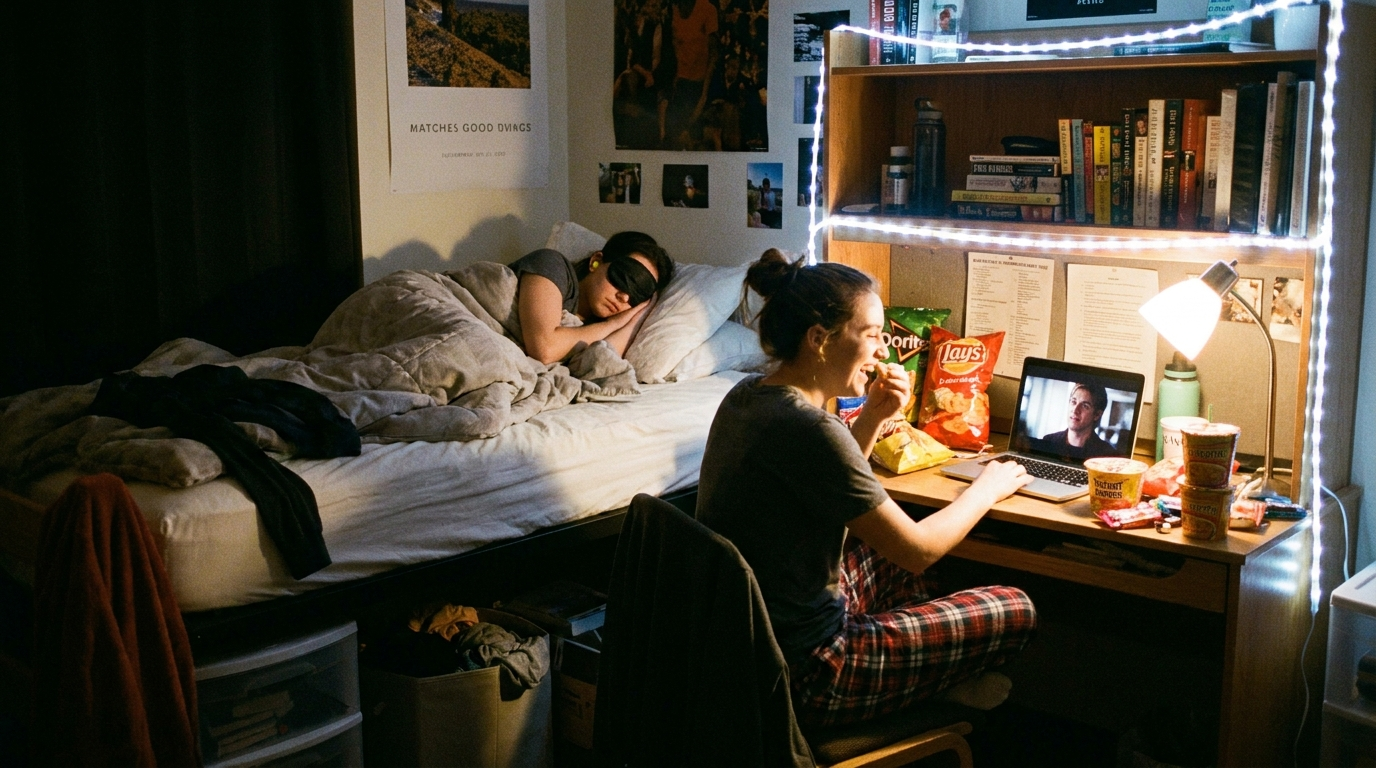 Two college dorm roommates at night, one trying to sleep while the other is on laptop with lights on