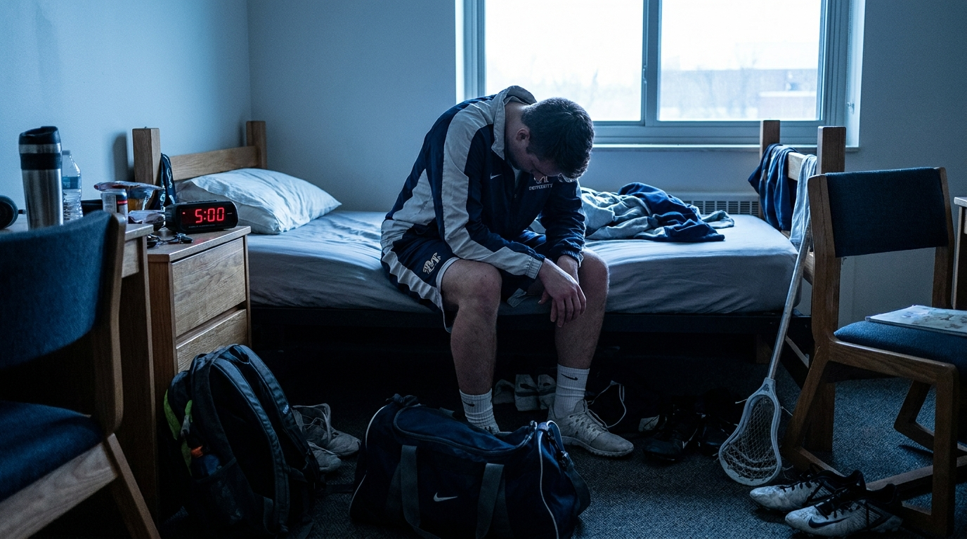 Exhausted college athlete in dorm room at 5 AM still in athletic gear, head drooping