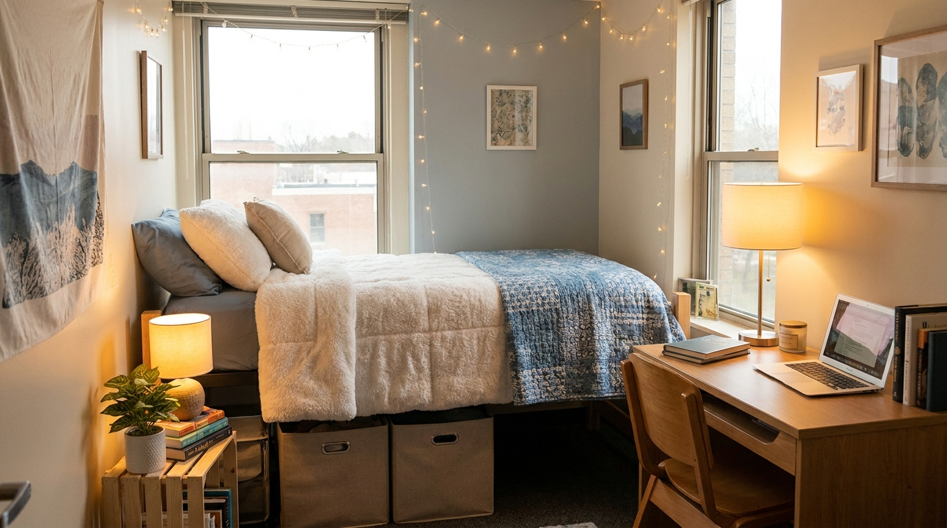 Organized dorm room with neatly made bed and clean desk