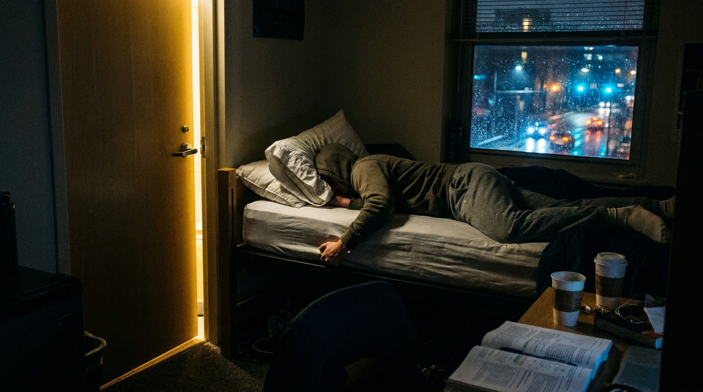 College student trying to sleep in a noisy dorm room