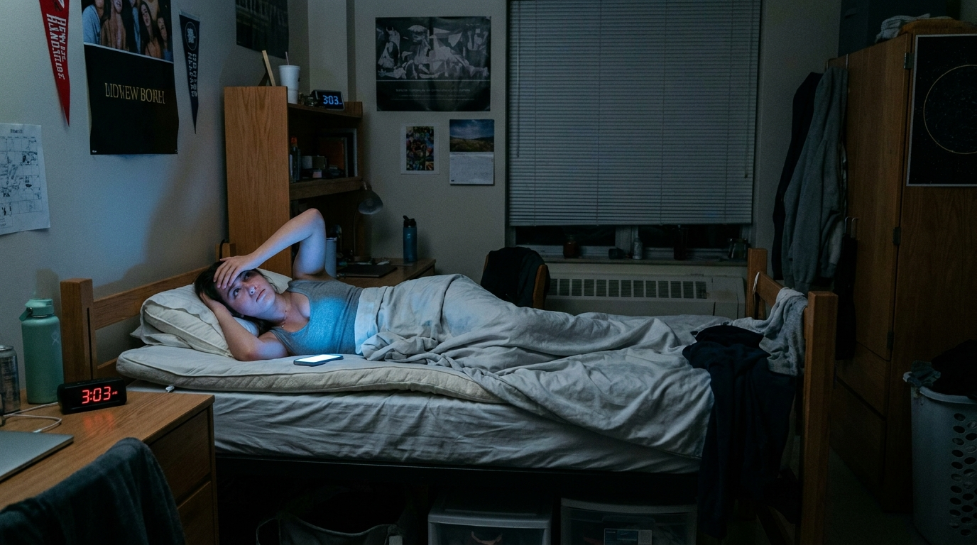 College student awake in dorm room at night