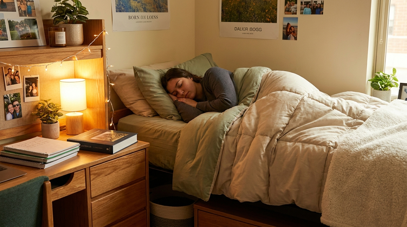 College student peacefully sleeping in dorm bed before final exam