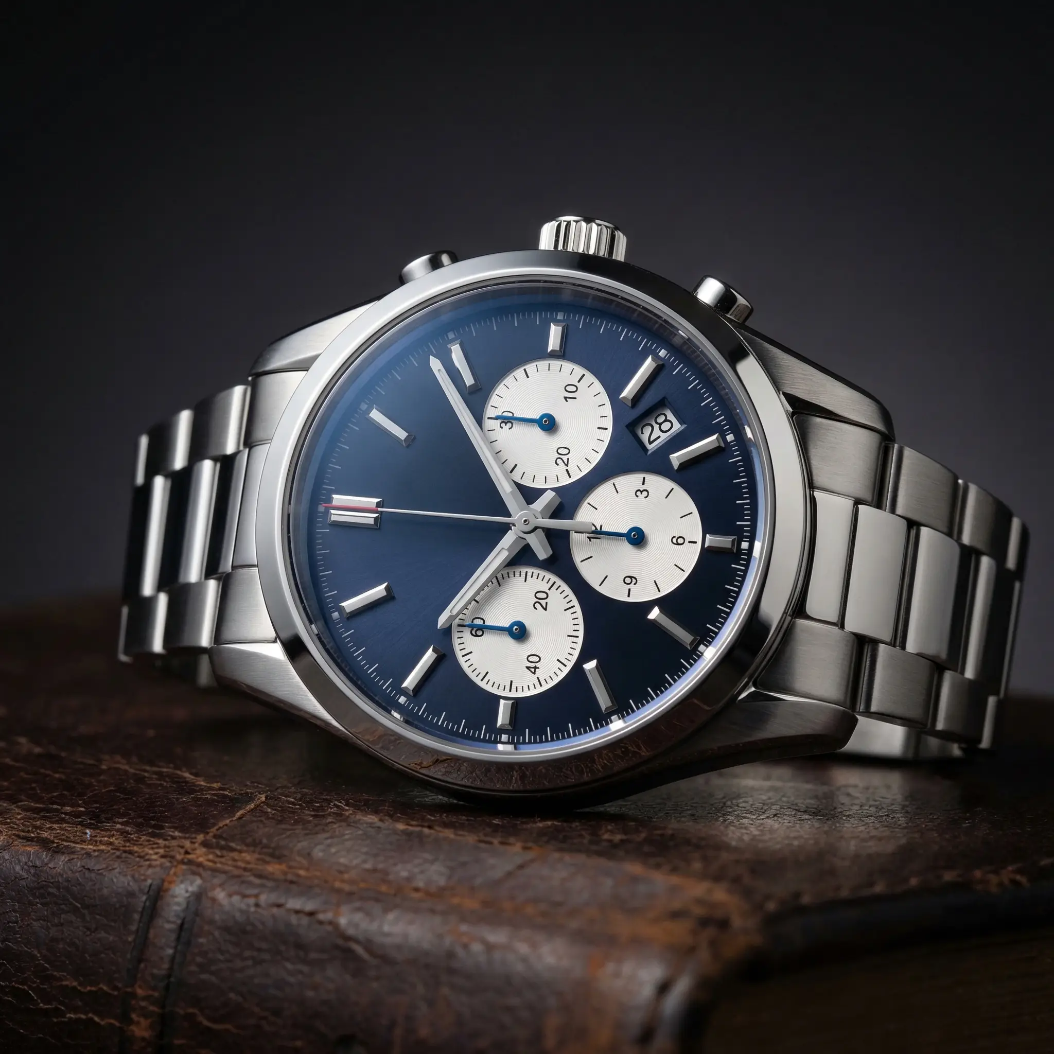 SHOT
Composition: Eye-level shot, the watch lying flat on its side on a leather surface, the dial facing the camera at a slight angle — approximately 15 degrees off-perpendicular. The crown is at the 3 o'clock position facing right. The frame is tight — the watch fills 60% of the frame width.
Camera Settings: ISO 100, f/8, 1/200 s — studio strobe, deep focus keeping the entire dial sharp from the 12 marker to the 6 marker.
Film Grain: None — technical precision.

PRODUCT
The watch: A stainless steel chronograph with a dark navy blue sunburst dial. The case is 40mm, polished on the flat surfaces, brushed on the sides. Three subdials at 3, 6, and 9 o'clock — white subdial faces with thin blue hands. Applied hour markers in polished steel — not printed, raised from the dial surface, each one catching the light individually. A date window at 4:30 with a white background and black numerals. The second hand is frozen at 38 seconds — a thin steel hand with a red tip. The crystal is domed sapphire — a subtle blue anti-reflective coating is visible as a faint blue sheen at the crystal's edge. The crown has a knurled edge for grip. The steel bracelet is folded beside the case — three links visible, showing the brushed center links and polished outer links.

SURFACE
The watch rests on a piece of dark brown vintage leather — the kind from an old desk blotter or document wallet. The leather is genuine — visible grain, slight cracking at the fold lines, darkened with age. The contrast between the precision of the steel watch and the organic aging of the leather is the visual tension.

SCENE
Background: Dark gradient — deep charcoal at the edges fading to slightly lighter charcoal behind the watch. No visible backdrop edge or horizon line.

CINEMATOGRAPHY
Lighting:
Key light: A medium softbox from the upper-right at 50 degrees, creating a long bright reflection across the left half of the polished case and a defined highlight along the left edges of each applied hour marker. The sunburst dial shows the radial brushing pattern as fine lines catching and releasing the light as it moves across the dial face.
Fill: Minimal — a black card on the left side to deepen the shadows and add contrast. The right side of the case goes dark, showing the brushed steel texture in shadow.
Accent: A small focused spot from behind-left hitting the edge of the sapphire crystal, creating a thin bright arc along the crystal's circumference — the signature highlight of watch photography.
The date window catches enough light to be readable. The subdial hands cast microscopic shadows on the subdial faces.
Tone: Dark, precise, masculine. The watch is the brightest element in a deliberately dark frame.

STYLE
Visual Aesthetic: Hodinkee editorial or A. Lange & Söhne campaign — the watch as micro-architecture, every surface finish intentional, the photography revealing what the naked eye misses.
Color Palette: Navy blue dial, polished steel, dark brown leather, charcoal background, subtle blue crystal coating.
Negative: blurry, cheap, plastic, bright background, cluttered, text, watermark, scratched.