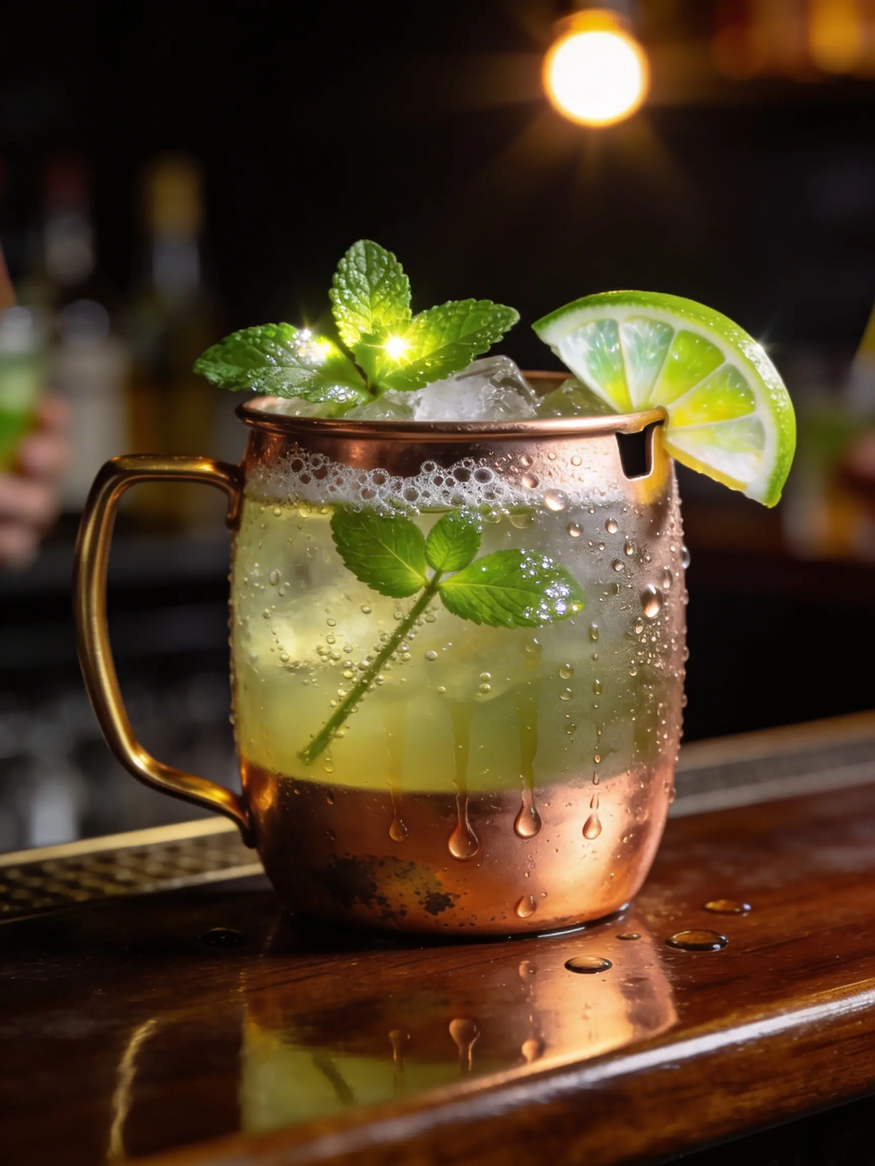 Ultra realistic product photograph, 4:5 vertical.

A copper Moscow mule mug on a dark bar surface, condensation droplets on the copper, a sprig of fresh mint and a lime wedge at the rim.

MATERIAL PHYSICS — COPPER MUG:
Solid copper Moscow mule mug — the traditional barrel shape with a brass handle. The copper surface is bright and relatively new — not heavily patinated, but showing the first signs of oxidation as subtle darker spots near the base where moisture collects. The most important feature: CONDENSATION. The mug is ice-cold from the drink inside, and the warm bar air has condensed on the exterior surface as hundreds of small water droplets. The droplets vary in size — tiny mist-like beads at the top where the copper is coldest from the ice, larger drops lower where they have merged and begun to run. Several drops have traced vertical paths down the mug surface — the trail is visible as a wet streak with a larger drop at the bottom. Each droplet catches the overhead light as an individual bright specular point — the mug is covered in a constellation of tiny highlights.

MATERIAL PHYSICS — DRINK:
The drink is visible at the top of the mug — a pale golden-green liquid (ginger beer, vodka, lime) with crushed ice visible at the surface. Small carbonation bubbles cling to the inner copper wall above the liquid line.

MATERIAL PHYSICS — GARNISH:
A sprig of fresh spearmint — 4 leaves, bright green, slightly dewy with tiny water droplets on the leaf surfaces from contact with the cold drink. The mint rests on the ice surface with the stem submerged. A lime wedge — bright green skin, pale green-white pith, translucent green-yellow flesh segments visible at the cut face — is perched on the mug rim, a small notch cut in the wedge to grip the rim edge.

MATERIAL PHYSICS — BAR SURFACE:
Dark stained wood bar top — nearly black, with a subtle grain pattern visible. The wood has a satin lacquer finish — semi-reflective, showing a soft blurred reflection of the copper mug below it. A few stray water drops on the bar surface around the mug base from condensation run-off.

CAMERA: Sony A7R V, 90mm macro, f/4, ISO 200.

LIGHTING: A single warm overhead spot — the kind of focused pendant light above a bar station. The light is warm (3000K) and somewhat hard — creating defined bright highlights on the copper surface and on each condensation droplet. The mint leaves are slightly backlit by the spot — the thinnest parts of the leaves glow translucent green. The lime wedge catches the light on its wet flesh surface as a bright acid-green highlight.

BACKGROUND: Dark bar environment in soft blur — the suggestion of bottles on shelves, amber liquid in glass, warm ambient light. Nothing identifiable.

NEGATIVE PROMPT: bright, daylight, outdoor, multiple drinks, hands, person, straw, text, watermark, logo, CGI, clean dry mug.