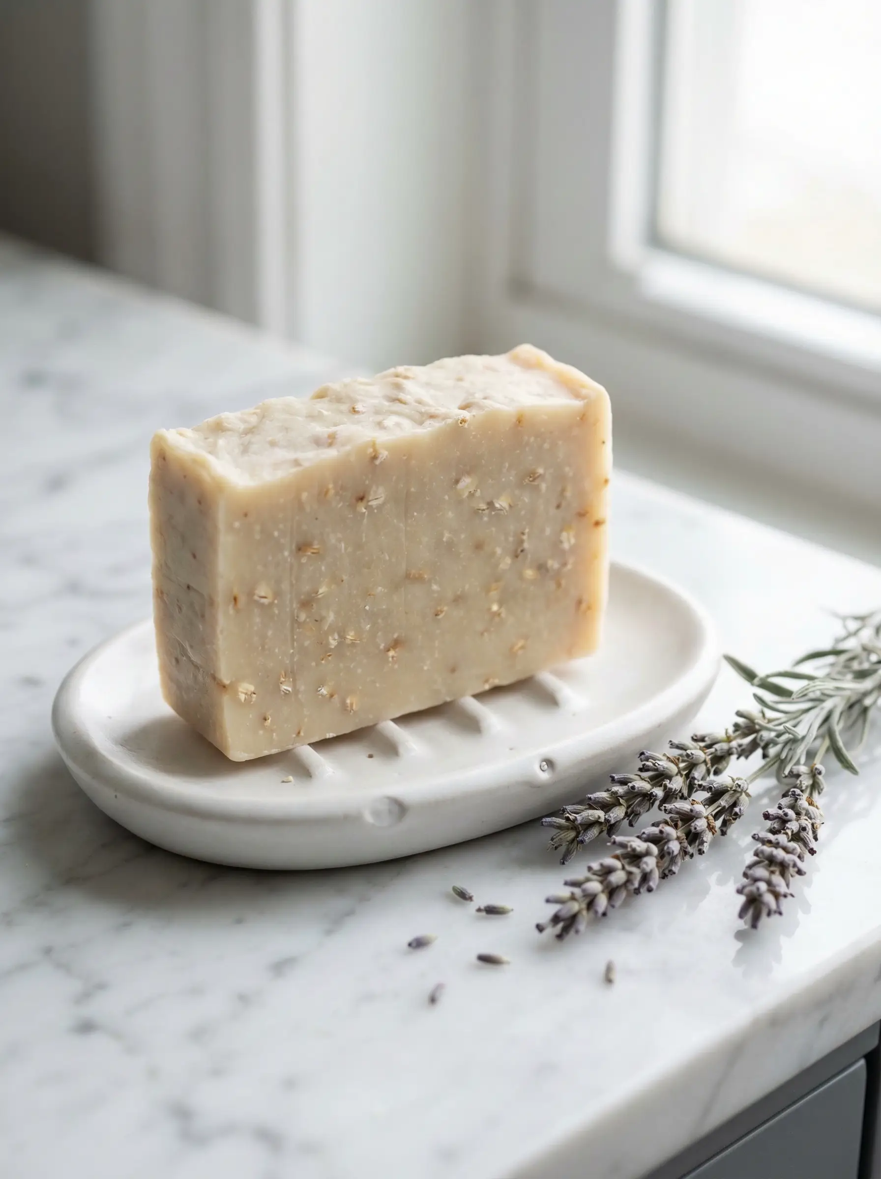Ultra realistic product photograph, 1:1 square.

A rectangular bar of handmade oatmeal soap with visible texture, resting on a ceramic soap dish beside a sprig of dried lavender. Soft bathroom window light.

MATERIAL PHYSICS — SOAP BAR:
A hand-cut rectangular bar approximately 3 x 2 x 1 inches. The soap is a natural cream-beige color with visible oatmeal flecks throughout — small irregular pieces of rolled oats embedded in the soap base, ranging from 1mm to 3mm. The soap surface is slightly rough from the hand-cut face — not machine-smooth, showing the slight irregularity of wire cutting. The corners are slightly rounded from handling. The top surface has a slight natural mottling — the swirl pattern from the saponification process visible as subtle lighter and darker cream streaks. The soap has a matte finish — dry, slightly chalky-looking.

MATERIAL PHYSICS — CERAMIC DISH:
A small oval ceramic soap dish in matte white with drainage ridges — four raised parallel lines across the dish surface to allow water to drain from the soap. The ceramic is handmade — slightly imperfect oval shape, the glaze showing one tiny bubble and a slight pooling at the base. The dish sits on three small feet.

MATERIAL PHYSICS — LAVENDER:
A single stem of dried lavender — the stem is woody and grey-green, the flower buds are dried purple-grey, slightly crumbled. A few individual buds have fallen from the stem onto the surface beside the soap dish.

SURFACE: White marble bathroom shelf or countertop — polished, with faint grey veining. Clean, minimal.

CAMERA: Fujifilm GFX, 80mm macro, f/5.6, ISO 200.

LIGHTING: Soft bathroom window light from camera-right — diffused through a frosted or sheer-curtained window. The light is soft and even, revealing the oatmeal texture and soap surface variations without harsh shadows. The cream soap and white marble and white ceramic create a near-tonal composition — the interest comes from texture differences (rough soap vs smooth ceramic vs polished marble) rather than color contrasts. The dried lavender provides the only color accent.

BACKGROUND: White marble extending to soft blur. Minimal bathroom context.

NEGATIVE PROMPT: bright, saturated, colorful, liquid soap, pump bottle, text, watermark, logo, brand name, packaging, CGI.