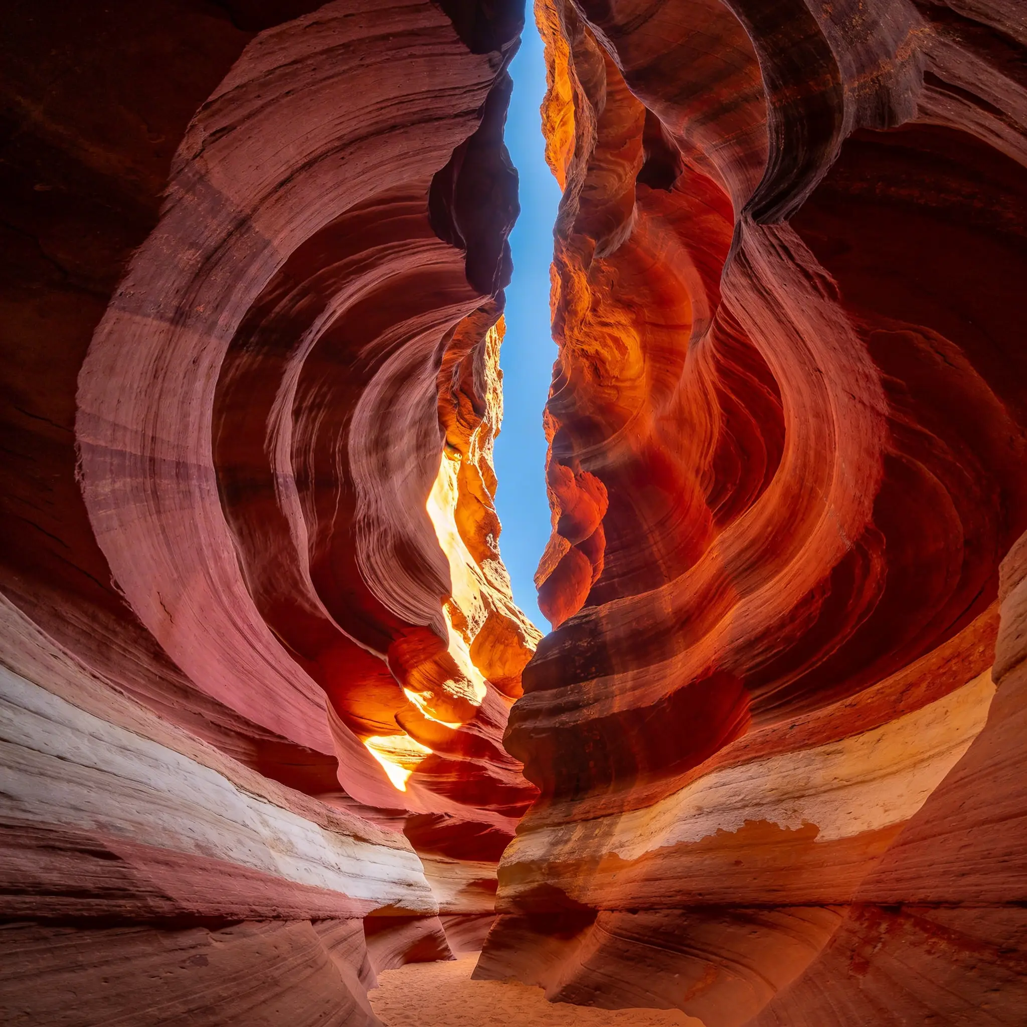 Ultra realistic geological photograph, 9:16 vertical.

Inside the narrowest section of a sandstone slot canyon, looking upward. Liquid rock.

MATERIAL PHYSICS — SANDSTONE:
Navajo sandstone carved by flash floods over millions of years into flowing organic curves — the rock appears to be liquid frozen mid-flow. The walls almost touch at the top, approximately 80 feet above, with only a thin sliver of blue sky visible through the narrow opening.

The rock surface shows layered sedimentary strata as color bands:
- Coral pink (iron oxide, lower Jurassic)
- Deep crimson (concentrated iron, wetter period)
- Warm amber (standard Navajo sandstone)
- Pale ochre (higher calcium content)
- Cream-white (bleached zone where reducing fluids removed iron)

Each layer is a different geological era — hundreds of millions of years visible as color stripes on the curved walls. The curves create overhangs and undercuts where softer layers have eroded faster, leaving the harder layers as protruding ridges.

LIGHT:
A single shaft of direct noon sunlight enters through the narrow opening above and hits the east wall at approximately the 30-foot level. Where the light hits: the sandstone GLOWS — the iron-rich rock becomes incandescent amber-red, so warm it appears to produce its own light. This is the signature phenomenon of slot canyons — the rock becomes a light source.

The sunlit patch bounces its warm light to the opposite wall, which bounces it again — each bounce picking up more of the sandstone's warm color. By the third bounce, even the deepest shadows are not grey but WARM RED. The canyon interior exists in a single warm octave from bright amber (direct sun) to deep red (multiple-bounce shadow).

The sky visible through the narrow slot at the top is a thin line of pure blue — the complementary color to the pervasive orange-red, providing the only cool note in the frame.

CAMERA: Nikon Z8, 14mm f/1.8 at f/8, ISO 400. The extreme wide angle from the canyon floor captures the full height of the narrow slot. Looking straight up.

NEGATIVE PROMPT: people, HDR, oversaturated beyond what's natural, photoshop glow, text, watermark, wide canyon.