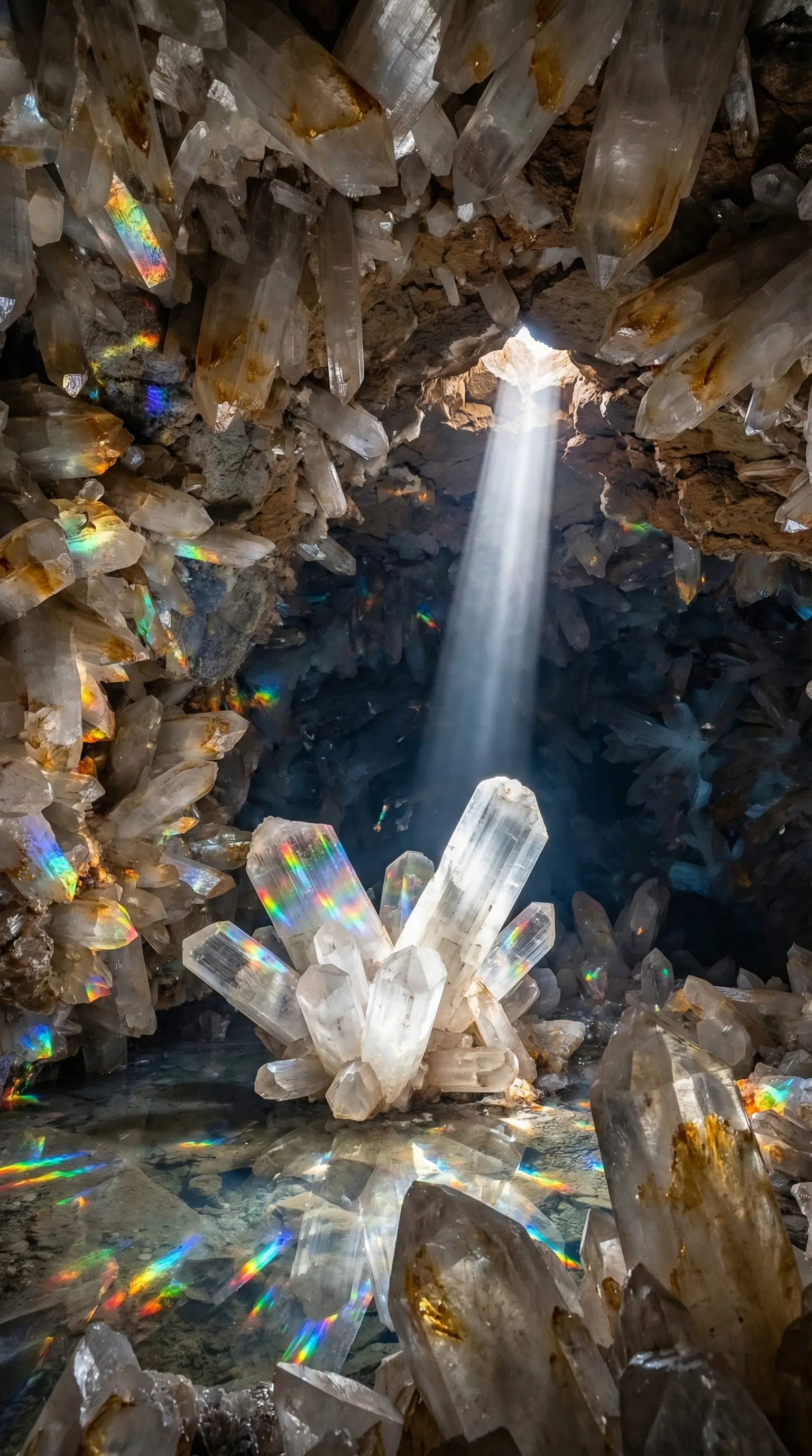 Ultra realistic geological photograph, 9:16 vertical.

Inside a vast underground cave covered in enormous natural selenite crystals. A single shaft of sunlight refracts into rainbows.

MATERIAL PHYSICS — SELENITE CRYSTALS:
Giant selenite (gypsum) crystals — naturally formed over hundreds of thousands of years in supersaturated mineral water. The crystals are translucent white with subtle amber and honey-gold inclusions from iron impurities. The largest crystals are 6 feet long and 1 foot in diameter — massive hexagonal prisms with flat termination faces and striated side faces showing growth lines. Smaller crystals (1-3 feet) cluster around the bases of the larger ones.

The crystal surfaces are NOT smooth glass — they have visible growth striations running lengthwise (parallel lines from sequential mineral deposition), small imperfections where crystal faces intersect at slight misalignment, and the occasional inclusion of darker mineral trapped during growth as a shadow visible inside the translucent body.

The crystals cover every surface — floor, walls, and ceiling. On the ceiling they hang downward like a forest of glass stalactites. On the floor they grow upward like a crystal garden. On the walls they project outward at various angles following geological fracture lines.

THE LIGHT SHAFT:
A single narrow shaft of white sunlight enters from a crack in the cave ceiling approximately 80 feet above. The beam is visible as a solid-looking column of light in the slightly dusty cave air. Where the beam hits a large crystal cluster at the cave center, the light enters the crystal and REFRACTS — exiting as multiple beams of spectral color. Rainbow caustic patterns are projected onto the cave walls and floor — patches of red, orange, yellow, green, blue, and violet scattered across the crystal surfaces. The refraction is physically accurate — the beam separates into its component wavelengths at the crystal face angle.

MATERIAL PHYSICS — CAVE FLOOR:
Shallow pools of still water cover portions of the cave floor — the water is mineral-saturated and crystal clear. The pools reflect the crystals above as distorted inverted images. Small new crystals are growing in the pools — tiny transparent formations indicating the cave is still geologically active.

CAMERA: Nikon Z8, 14mm f/1.8 at f/8, ISO 400, tripod. The extreme wide angle captures the cathedral-scale of the cave.

LIGHTING: The single sun shaft is the only light. Where it hits and refracts, the cave is illuminated in prismatic color. Where it doesn't reach, the cave fades to dark blue-grey — the crystals in shadow are visible as dim translucent shapes with a faint glow from transmitted ambient light.

NEGATIVE PROMPT: people, miner, tourist, artificial light, flashlight, cartoon, CGI, text, watermark, small cave.