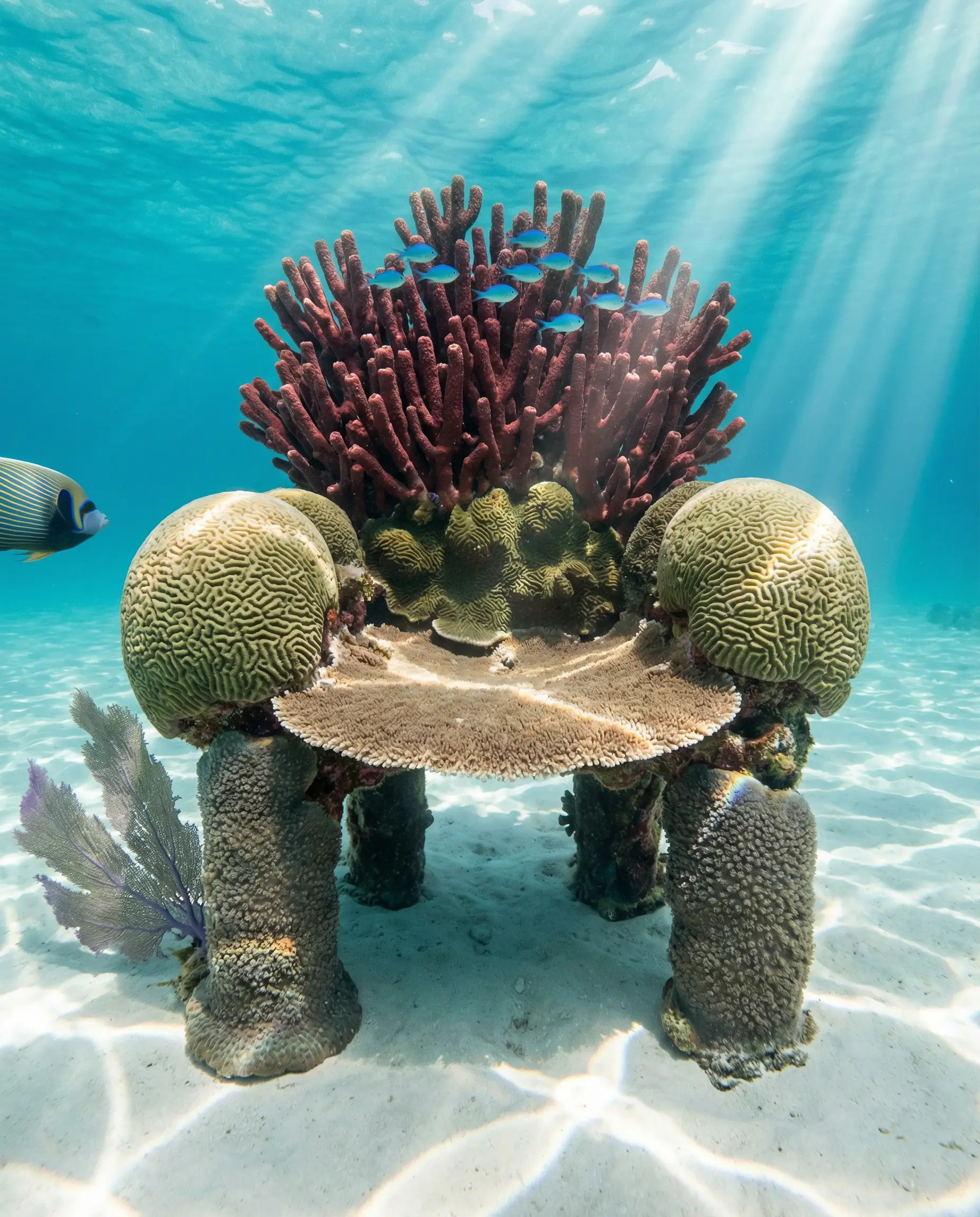 Ultra realistic underwater fantasy photograph, 4:5 vertical.

An ornate throne made entirely of living coral, sitting on white sand on the ocean floor in shallow tropical water.

MATERIAL PHYSICS — CORAL THRONE:
The throne is approximately 5 feet tall — a high-backed ceremonial seat. It is not carved coral — it is GROWN coral. Different species of living coral form different parts of the structure:
- Backrest: Branching red organ-pipe coral (Tubipora musica) forms the tall back — hundreds of thin red tubes bundled together, some branching outward at the top like a crown
- Armrests: Massive brain coral (Diploria) forms each armrest — the characteristic labyrinthine groove pattern visible on the rounded surfaces, pale tan with green-brown valleys
- Seat: A flat plate of table coral (Acropora) creates the seat surface — thin, flat, slightly concave, pale brown
- Legs: Four thick pillar coral (Dendrogyra) supports — cylindrical, grey-brown with fine polyp texture visible

The coral is ALIVE — tiny polyps are extended on some surfaces, visible as small translucent tentacle clusters. The colors are natural, not day-glo — muted reds, tans, browns, pale greens. This is real reef color, not cartoon reef color.

MATERIAL PHYSICS — WATER:
Shallow tropical water approximately 15 feet deep — warm, clear, turquoise. The turquoise color comes from white sand reflecting sunlight upward through the water column. Visibility is 80+ feet. The water has slight particulate — not murky, but enough to show the sunlight shafts as slightly brighter diagonal beams entering from the surface above.

MATERIAL PHYSICS — LIGHT:
Shafts of tropical sunlight penetrate the surface above — three major shafts visible as bright diagonal beams, the edges defined by the particulate in the water. Where a shaft hits the throne, the coral surfaces are brightly lit and their colors saturate. Where the throne is between shafts, the coral is lit by softer ambient underwater light — bluer, dimmer. Caustic light patterns (the dancing ripple-refraction pattern from surface waves) play across the white sand floor around the throne — constantly moving bright lines.

MARINE LIFE:
A small school of blue chromis (10-12 tiny bright blue fish) hover near the throne's backrest. A single larger angelfish (Emperor angelfish — blue and yellow stripes) passes at the left edge of frame. A sea fan (purple gorgonian) grows from the sand beside the throne, waving slightly in the current.

CAMERA: Underwater housing, Nikon Z8, 15mm rectilinear wide angle, f/5.6, ISO 400. Natural light only — no strobes.

NEGATIVE PROMPT: person, diver, crown, dark water, murky, deep ocean, cartoon, text, watermark.