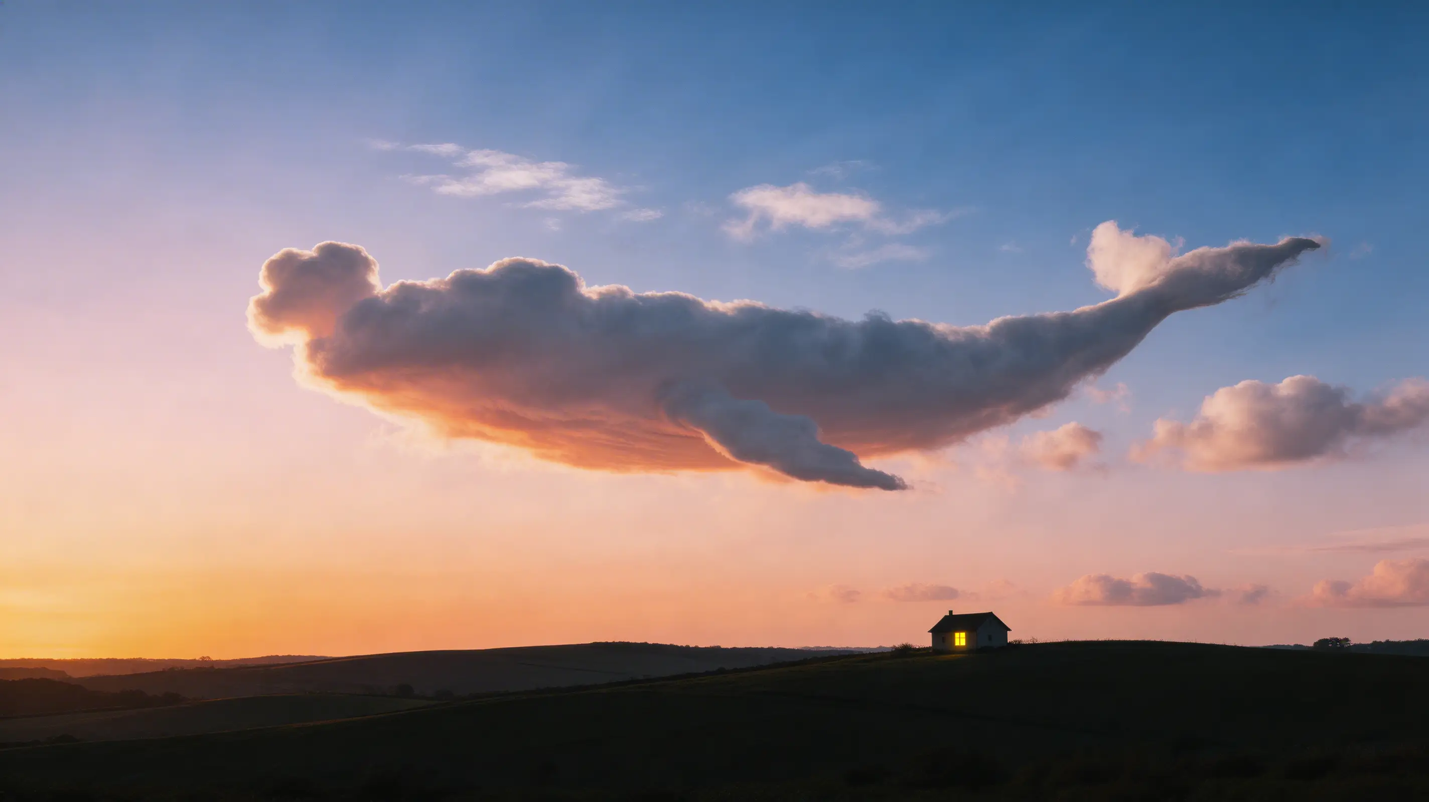 Ultra realistic surreal nature photograph, 16:9 wide.

A cloud formation in the shape of a humpback whale swimming through a sunset sky. Natural phenomenon, not illustration.

THE CLOUD WHALE:
A large cumulus cloud formation that has naturally taken the shape of a humpback whale — body, pectoral fins, tail flukes, the characteristic knobbed head. The whale-cloud is approximately 2 miles long in apparent sky-distance, swimming from left to right across the frame. The form is NOT perfectly detailed — it is a cloud. The body has the soft billowing edges of real cumulus. The tail flukes are slightly tattered where wind has pulled wisps away. The pectoral fin is a protruding shelf of denser cloud. The head shows the general rounded knobbed shape but not individual tubercles — this is a cloud resembling a whale, not a whale made of cloud.

CRITICAL: This must look like a REAL CLOUD that happens to look like a whale — the kind of pareidolia photograph that gets shared with the caption "I can't believe what I saw in the sky today." It should NOT look like a CGI whale texture-mapped with cloud material.

Other normal clouds surround the whale formation — smaller cumulus, a few wispy cirrus above. These normal clouds prove that the whale-shape is a coincidence, not a design.

THE SUNSET:
The sky is in full sunset — the western horizon burns deep orange through salmon through pale yellow. Higher up, the sky transitions through pink-lavender to deep blue at the zenith. The whale-cloud catches the sunset light on its underside — warm orange-pink on the belly, while the top surfaces are still lit by the higher blue sky as pale grey-white. The whale appears to be swimming through a sea of orange light.

LANDSCAPE BELOW:
A simple dark horizon — hills or flat farmland in near-silhouette. A single farmhouse with one lit window provides the only ground-level detail. The landscape is NOT the subject — it exists only to anchor the sky.

CAMERA: Canon R5, 70-200mm at 100mm, f/8, ISO 200. The telephoto compresses the cloud against the sunset sky.

LIGHTING: Sunset — the sun is below the horizon on the left, its last light painting the clouds from below. The whale-cloud's underside glows warm. Its upper surface is cooler. The contrast defines the whale's three-dimensional form.

NEGATIVE PROMPT: CGI whale, solid whale, real whale, ocean, water, cartoon, digital art, text, watermark.