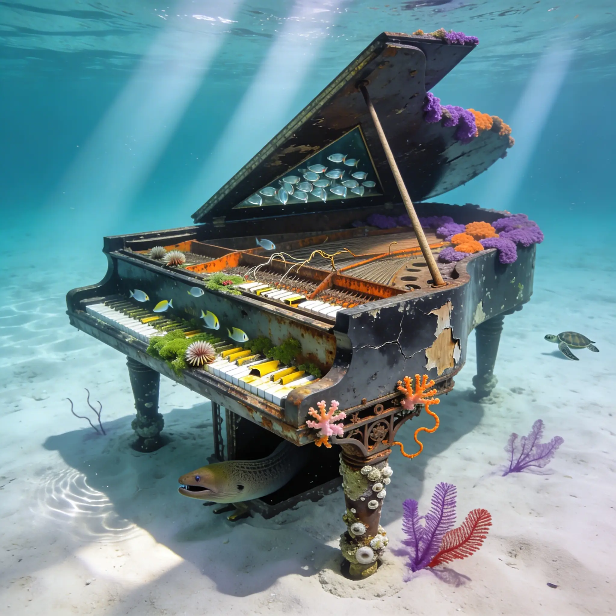 Ultra realistic underwater photograph, 4:5 vertical.

A grand piano sitting on the ocean floor in shallow tropical water, colonized by marine life over years of submersion.

MATERIAL PHYSICS — THE PIANO:
A concert grand piano — approximately 9 feet long — resting on white sand at approximately 20 feet depth. The piano is upright (not overturned), lid propped open on the long stick, exposing the strings and soundboard to the water. The piano has been submerged for years:

The ebony finish: Faded from glossy black to a dull dark grey-brown, the lacquer cracked and peeling in sheets. Patches of the bare wood show through where the lacquer has fully detached.

The keyboard: The white keys have yellowed and some have detached, floating slightly upward from their pins (ivory is buoyant). A few keys are missing entirely. Green algae covers the key surfaces. Small sea anemones have attached to the exposed key pins.

The strings: Still present but corroded — the steel bass strings are heavily rusted to an orange-brown, the treble strings are thinner and some have snapped, their curled ends waving in the current. Coral has begun growing on the cast iron frame — small branching formations in orange and pink.

The legs: All three legs are intact, sunk 2 inches into the sand. Barnacles encrust the lower legs. A moray eel's head peers from the dark space inside the piano body beneath the soundboard.

The lid: Propped open, the underside colonized by purple and orange sponges. A school of small glass fish shelters in the triangular space between the lid and the body.

MATERIAL PHYSICS — ENVIRONMENT:
White sand floor with small ripple marks from current. Turquoise water — clear, with three visible shafts of sunlight from the surface creating bright diagonal beams and caustic light patterns dancing across the piano and sand. A few sea fans (gorgonians) grow from the sand near the piano — purple and red, swaying in the gentle current. A single juvenile sea turtle passes in the background.

CAMERA: Underwater housing, Nikon Z8, 18mm wide angle, f/5.6, ISO 400. Natural light only.

NEGATIVE PROMPT: person, diver, clean piano, indoor, dry, cartoon, text, watermark.